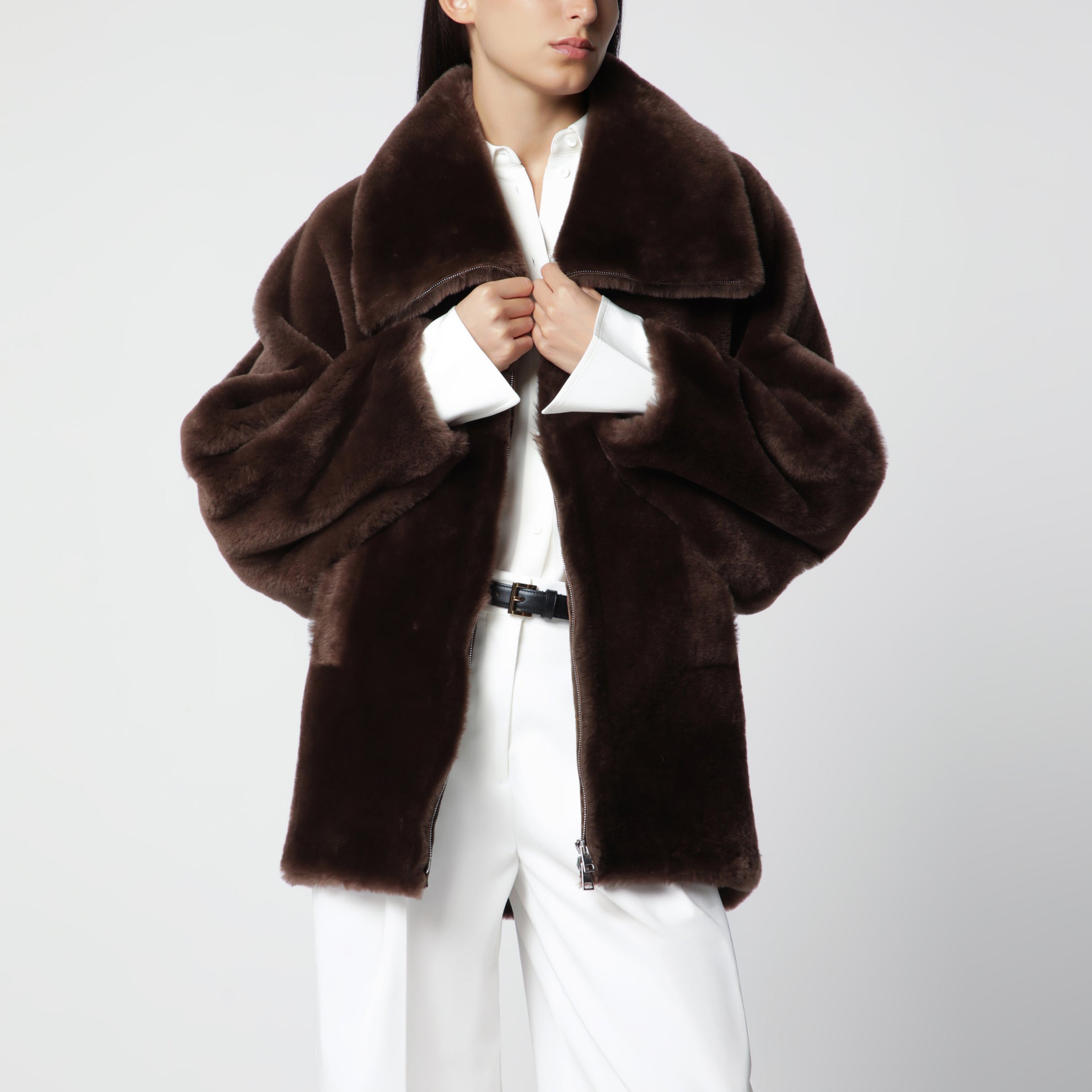 Oak brown zip-up shearling jacket