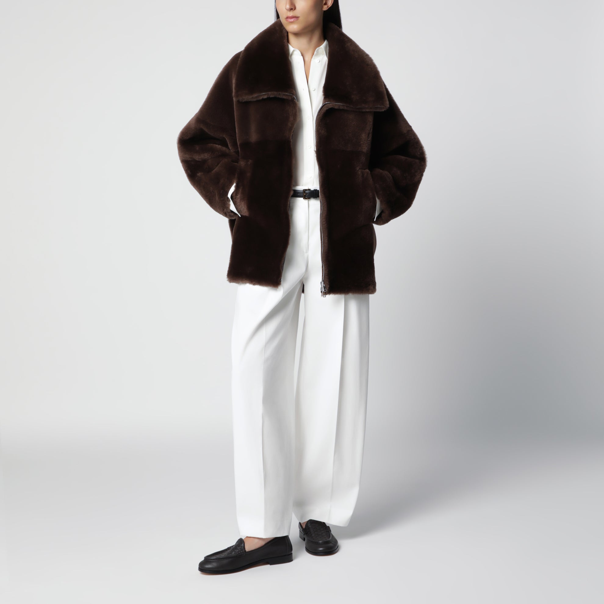 Oak brown zip-up shearling jacket