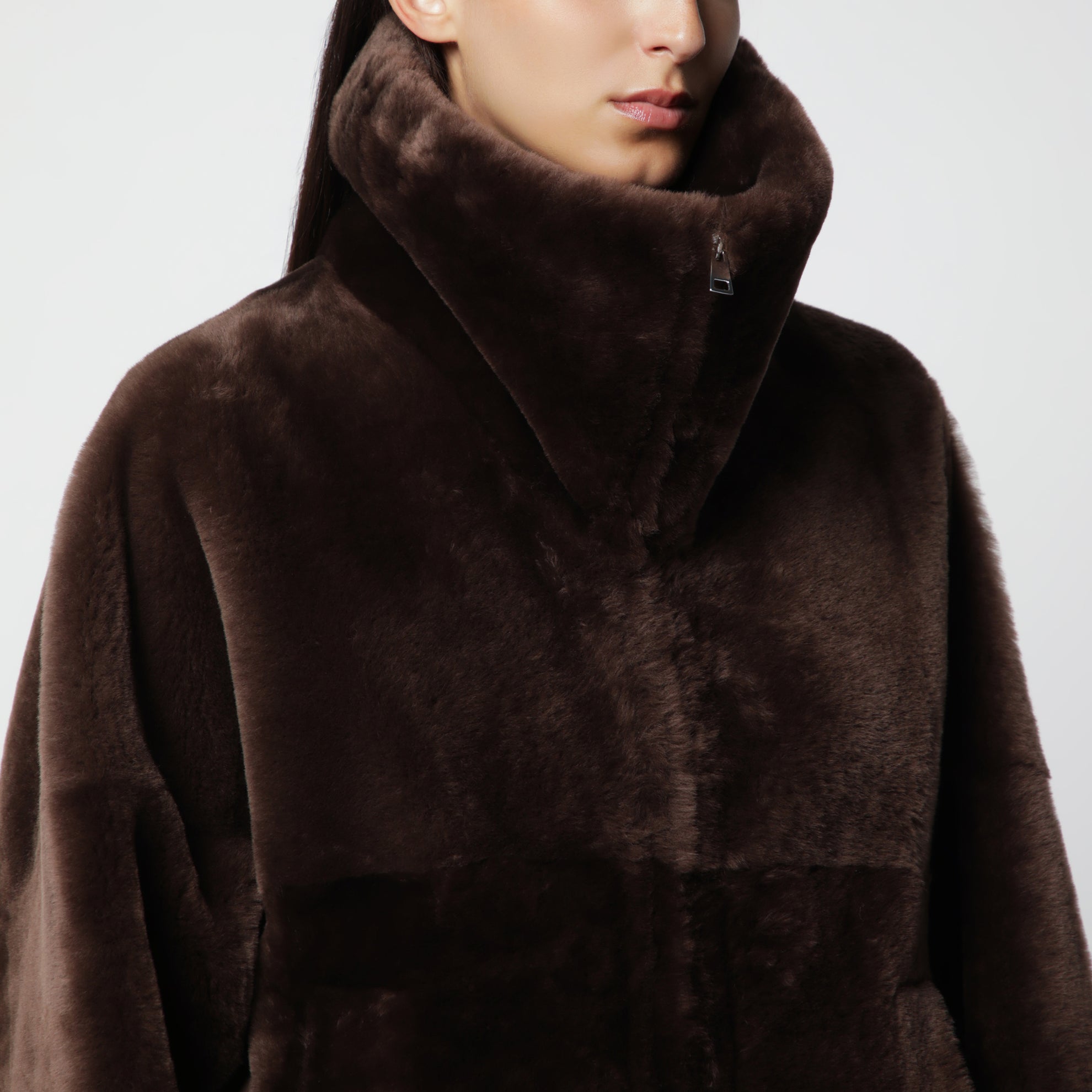 Oak brown zip-up shearling jacket