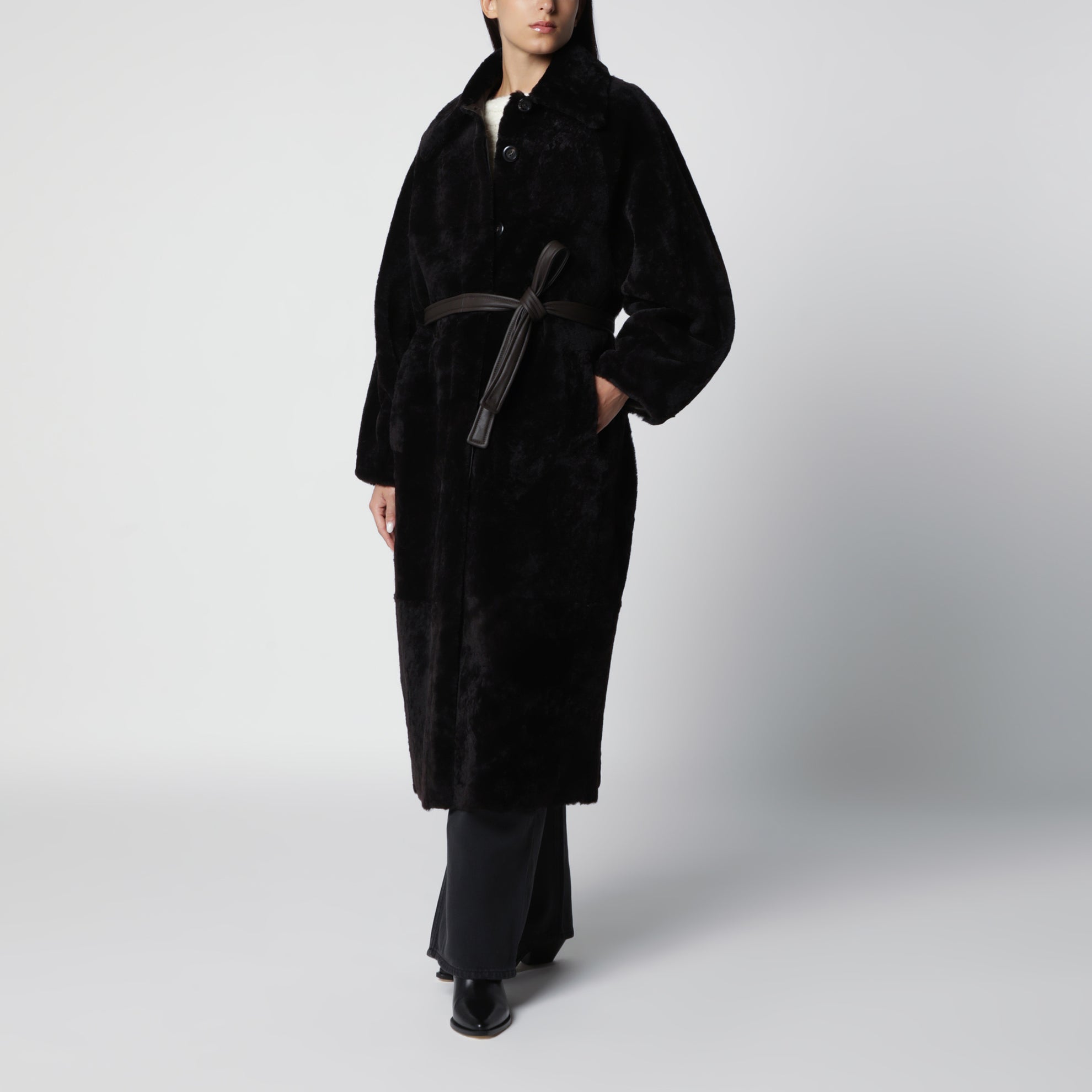 Chocolate brown belted fur coat