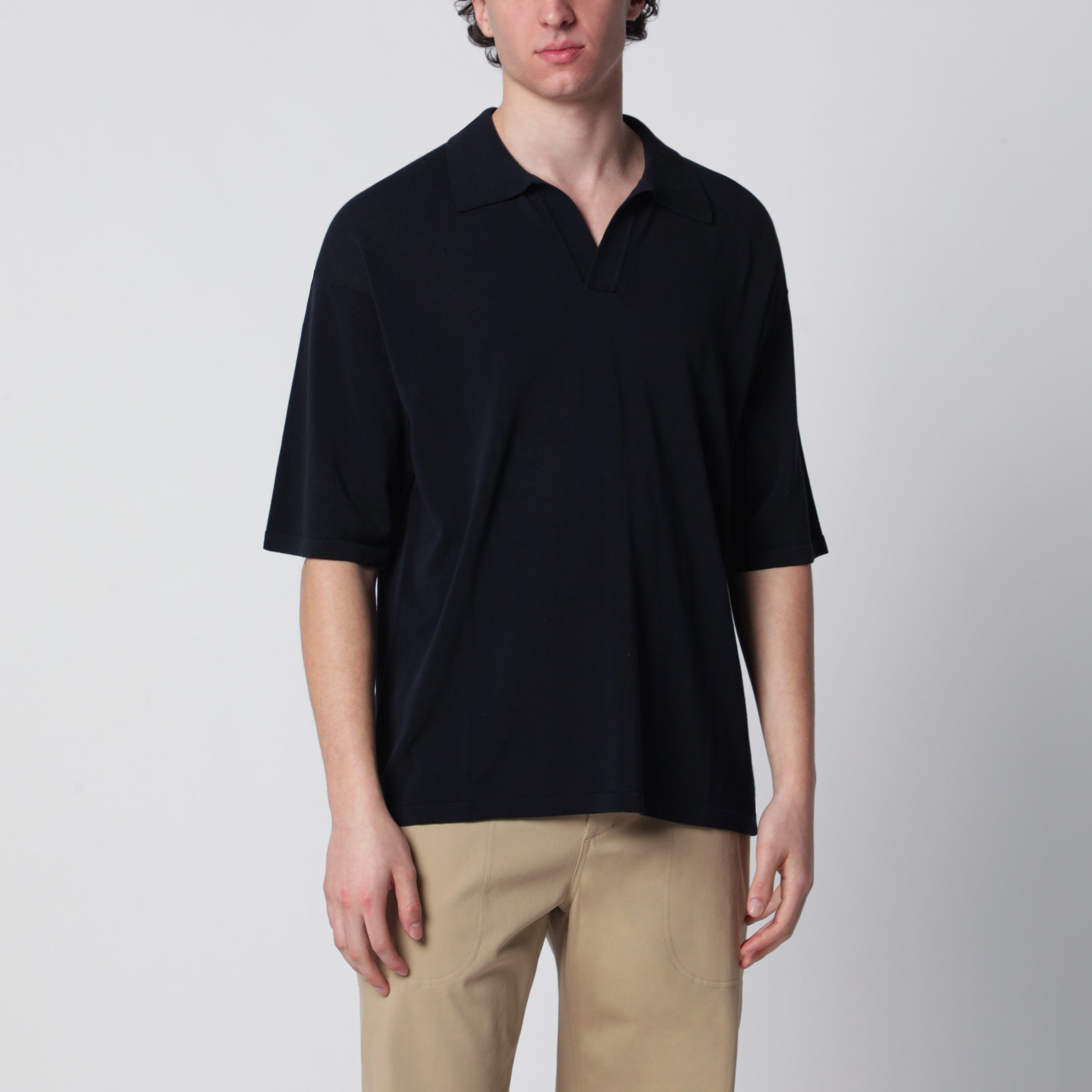 Navy blue cotton knit polo shirt