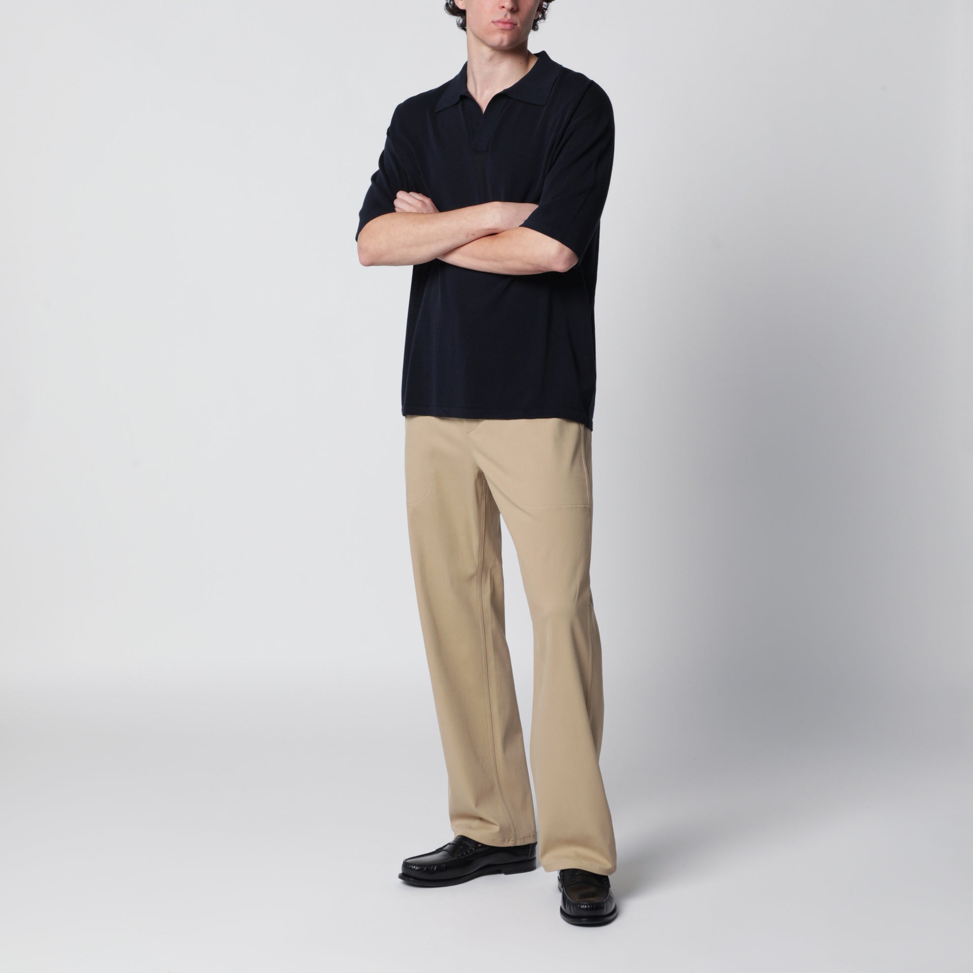 Navy blue cotton knit polo shirt