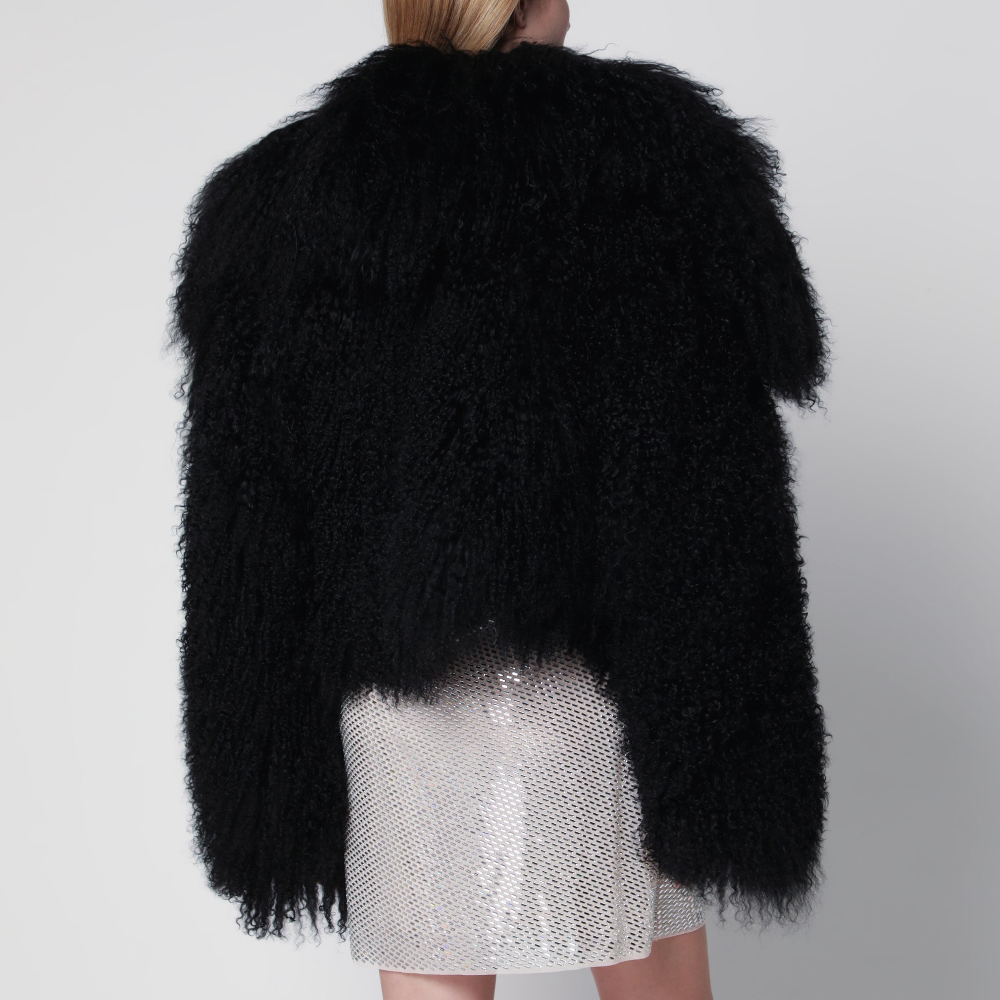 Cropped Bomberjacke aus schwarzem Curly-Shearling-Lammfell