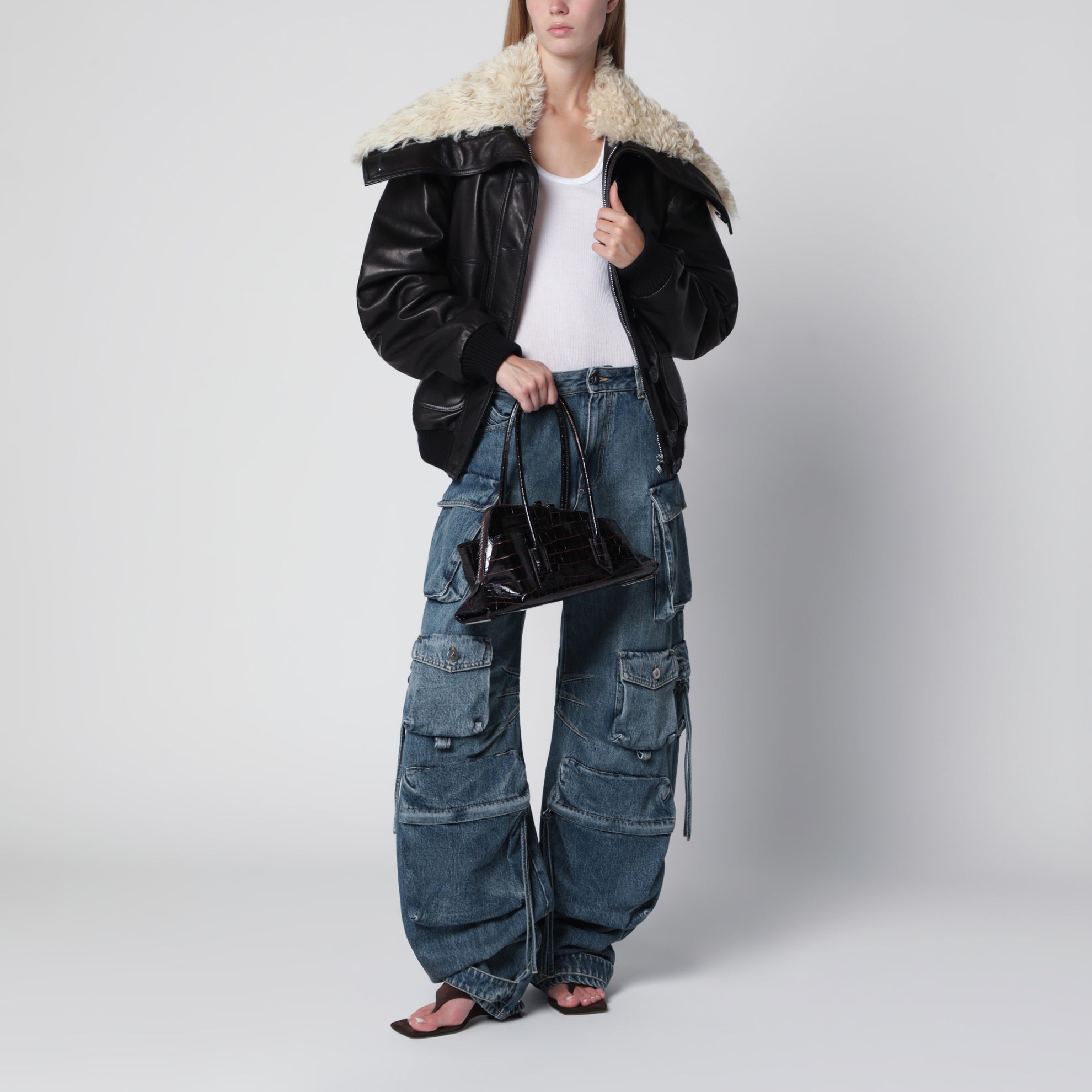 Bomber in pelle nero con collo in shearling