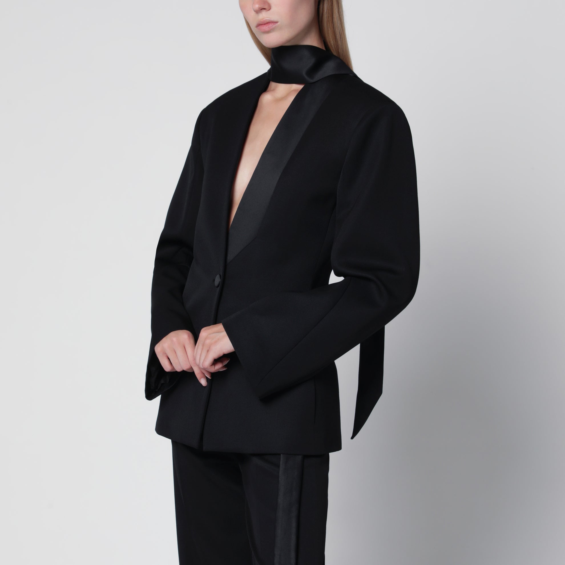 Black virgin wool tuxedo jacket with satin lapels