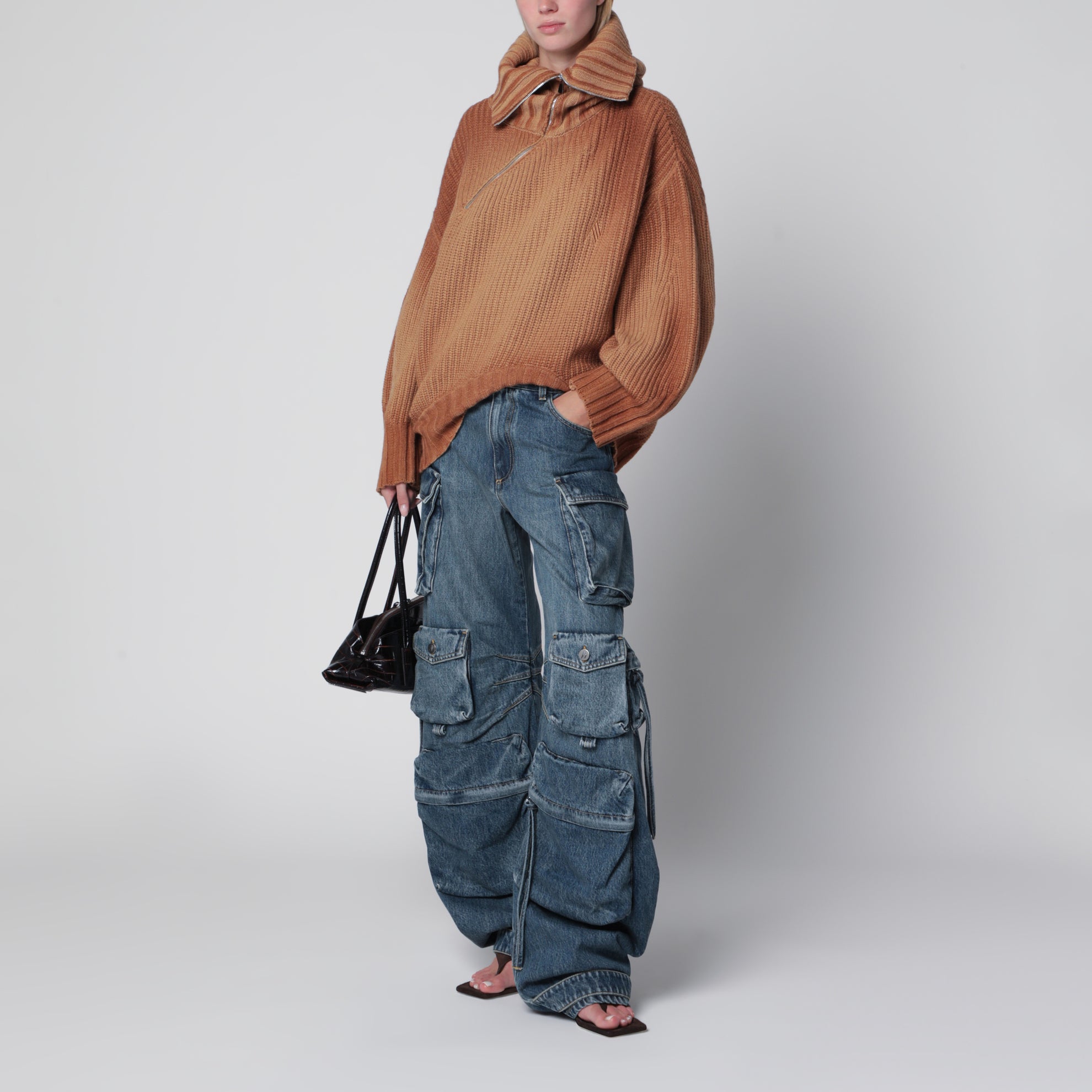 Pullover aus Wolle und Kaschmir in Camel mit asymmetrischem Reißverschluss