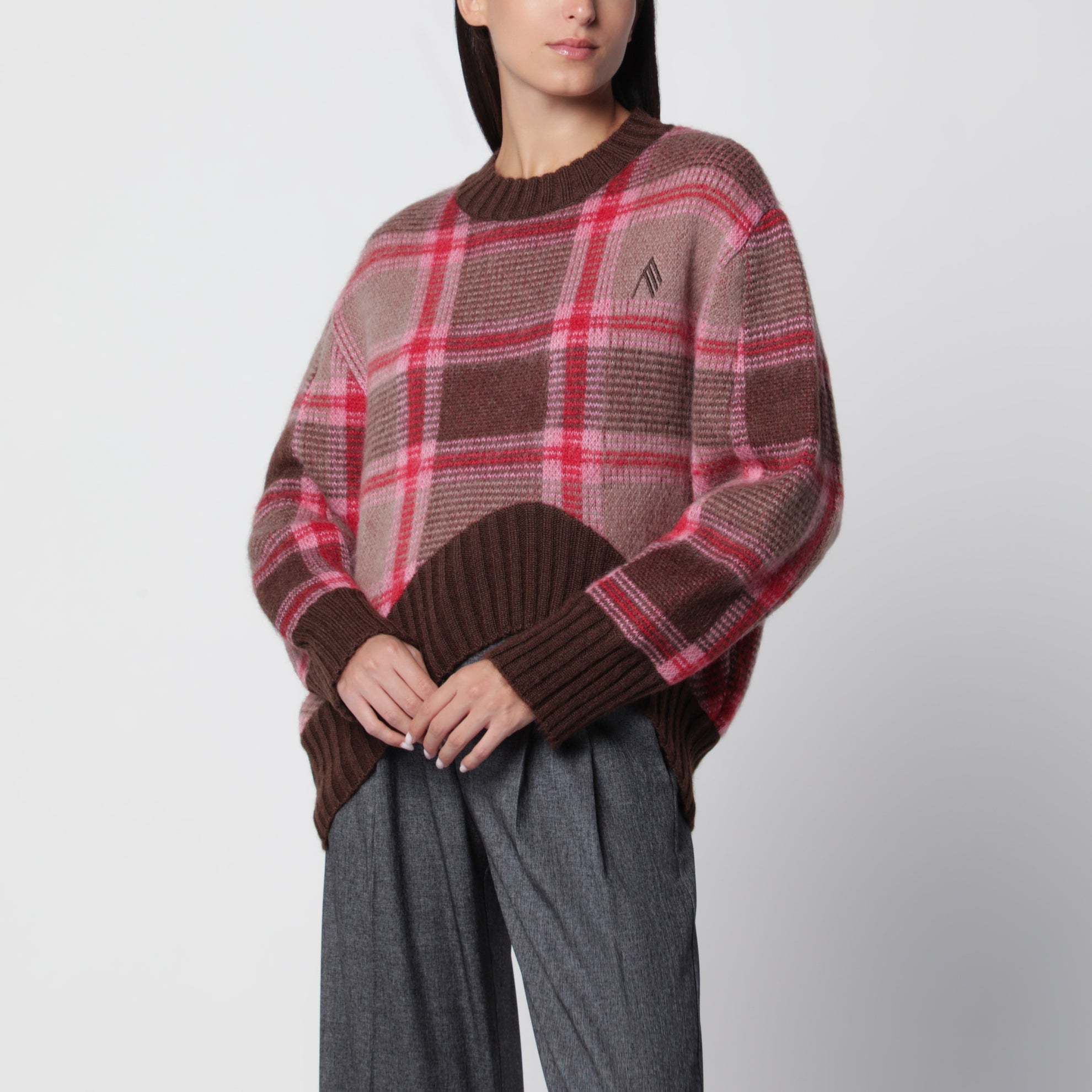 Pullover aus Mohairmischung mit Karomuster in Kaffee/Rosa