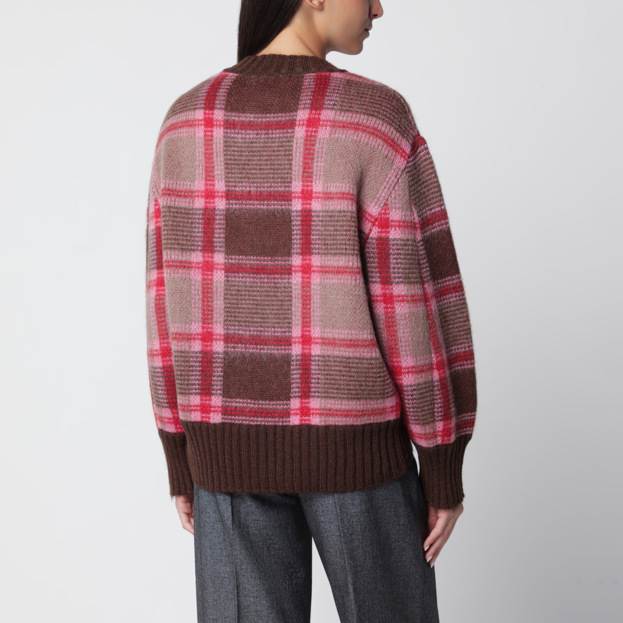 Pullover aus Mohairmischung mit Karomuster in Kaffee/Rosa