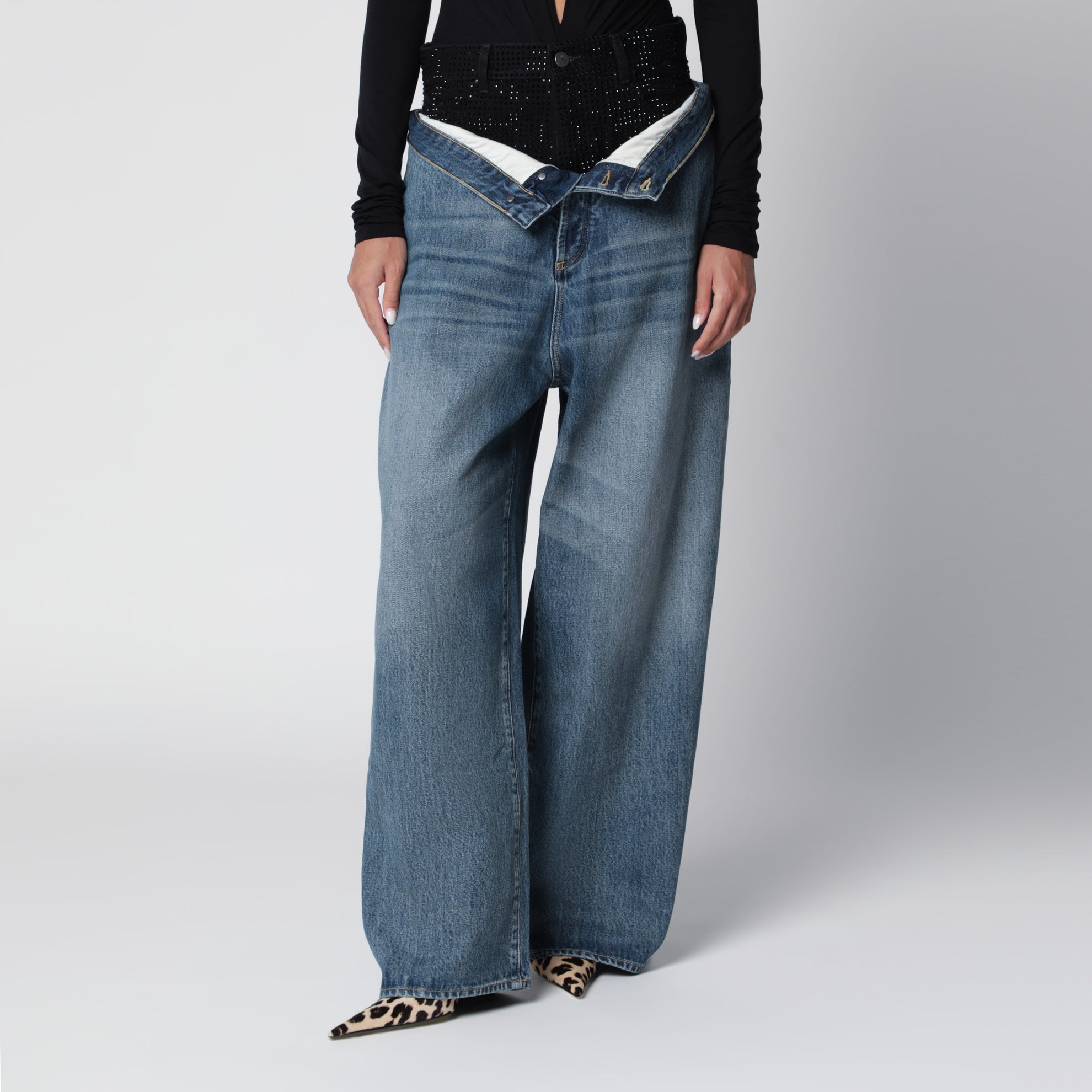 Jean wide-leg bleu et noir à double taille