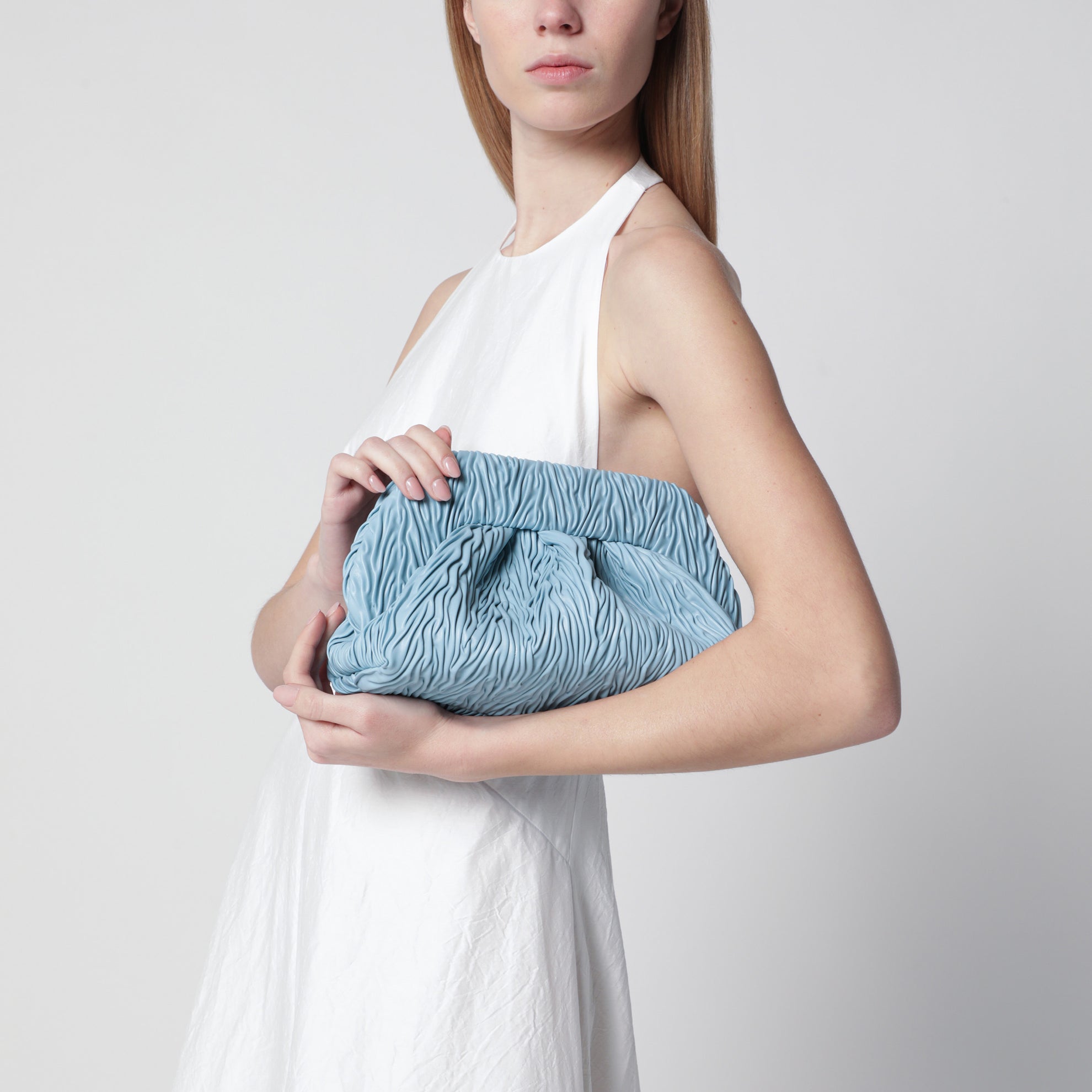 Blue ruched vegan leather Bios clutch