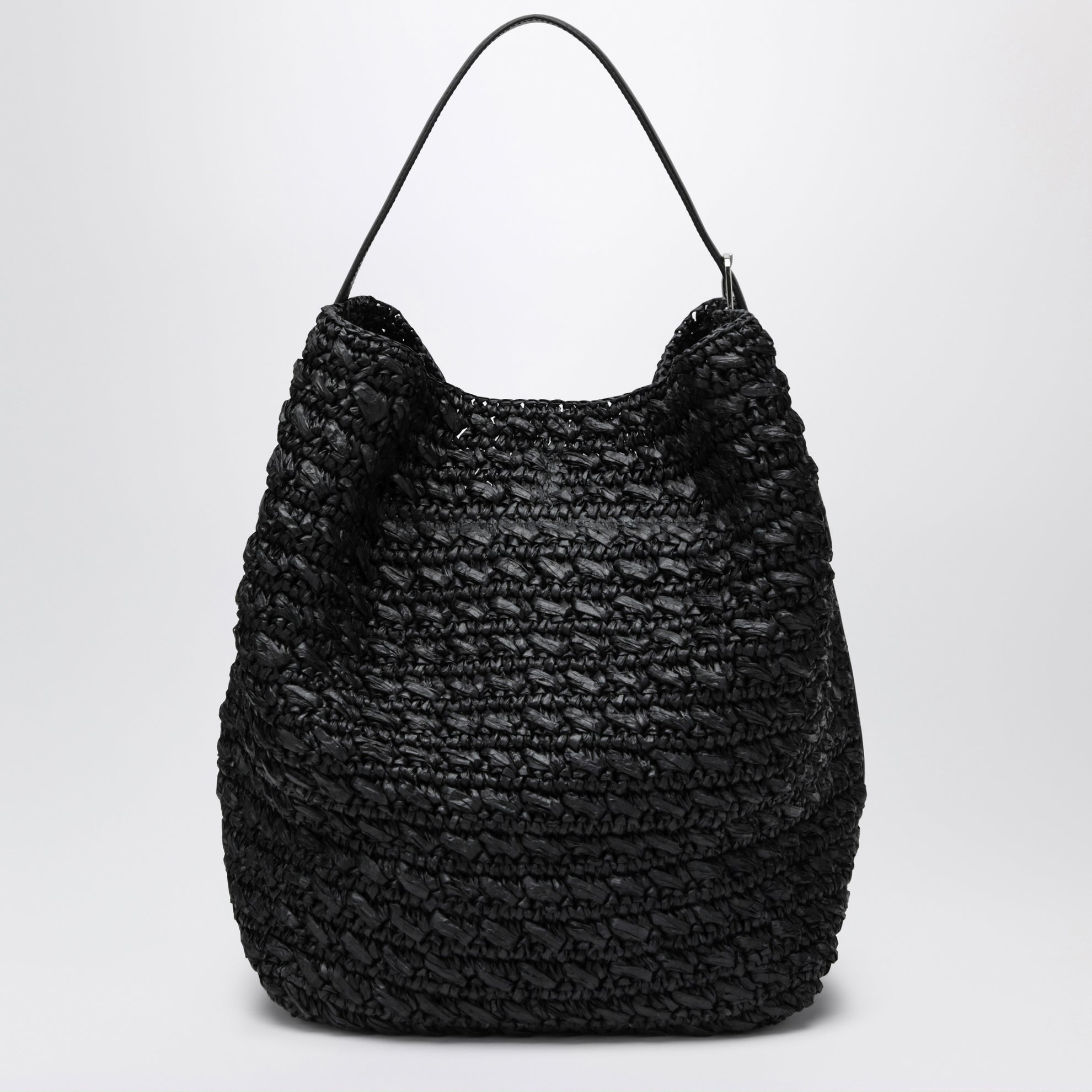 Borsa tote con dettagli a cintura in rafia nera