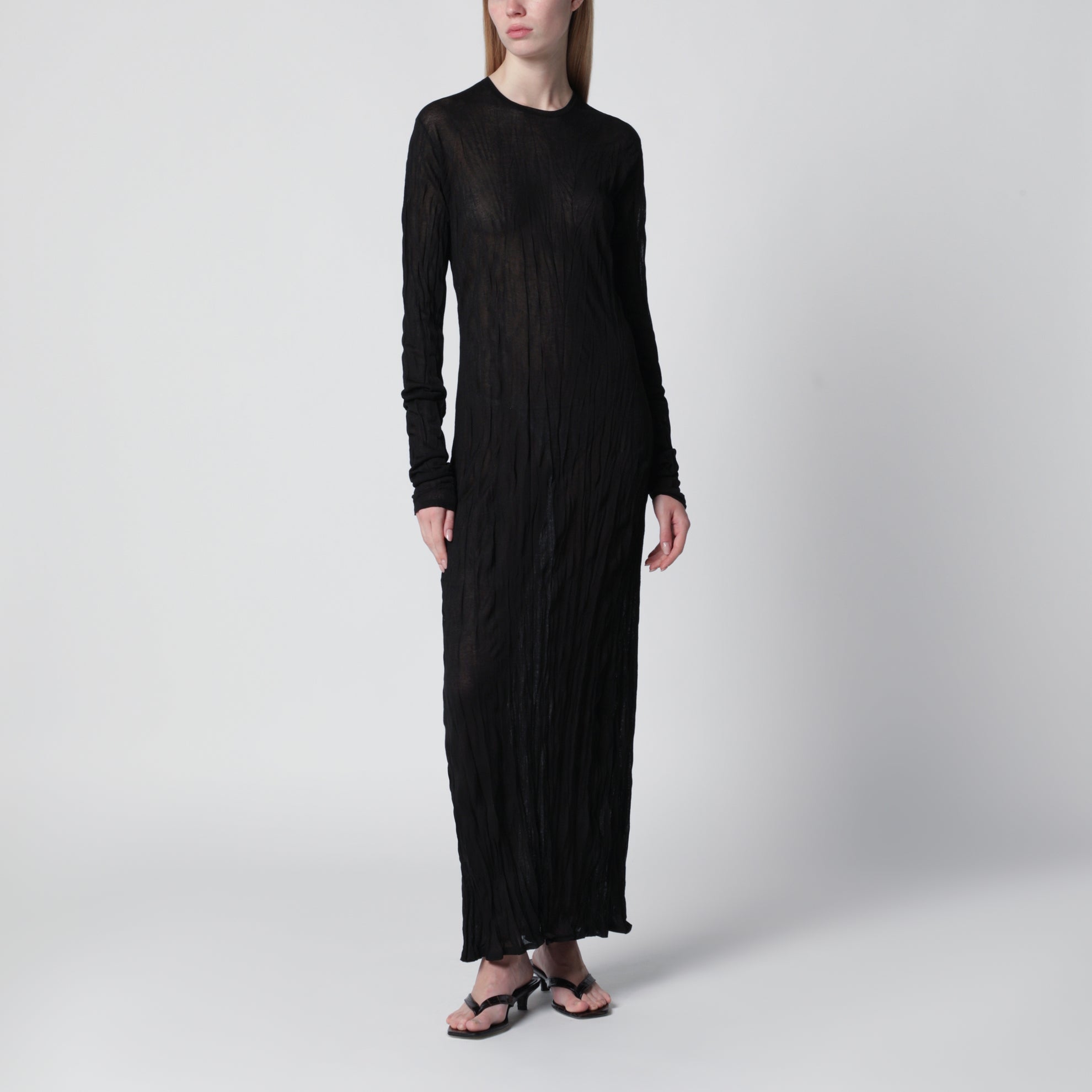 fitted lace wedding dress TOTEME Crinkled knit maxi dress with long sleeves in black