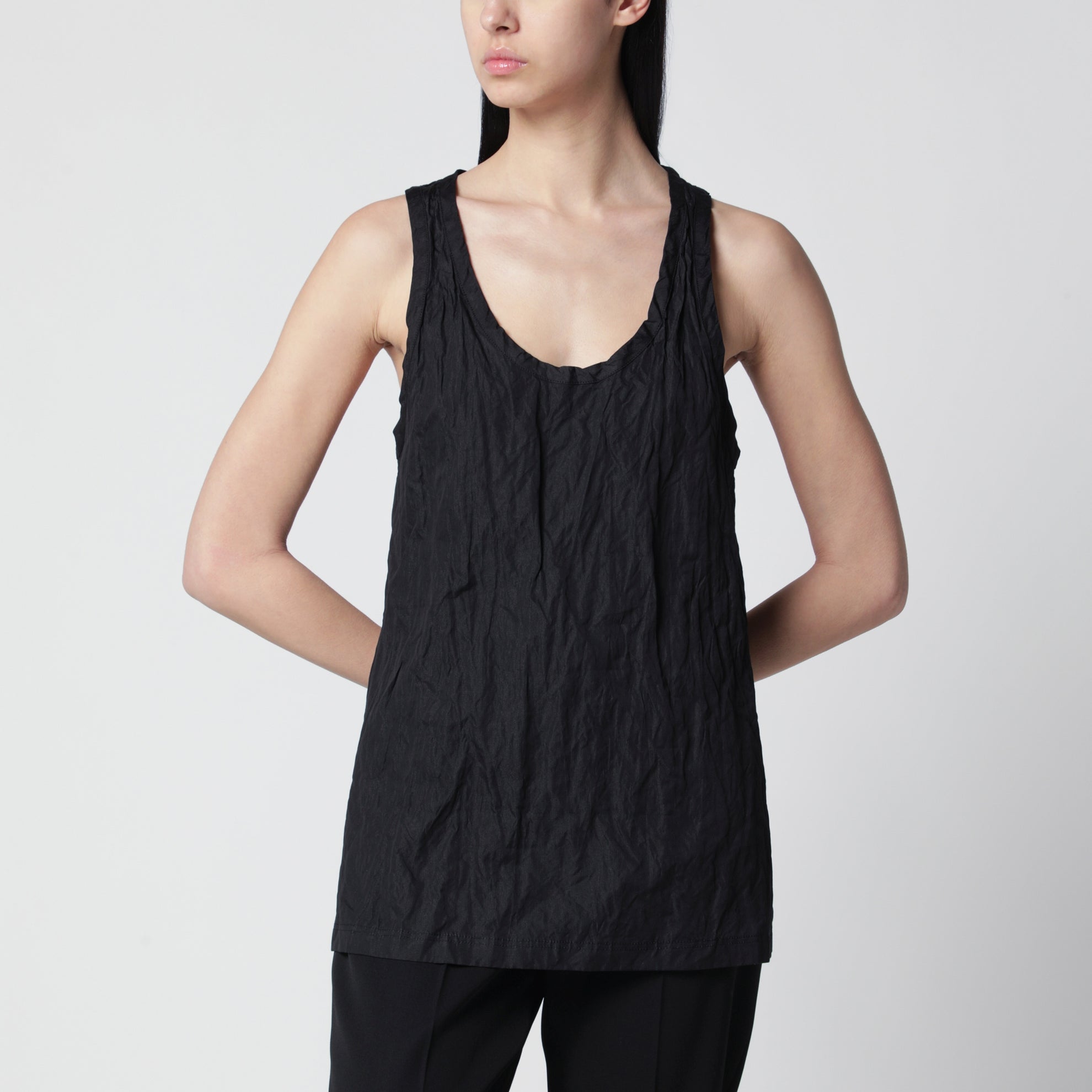 Black crinkled cotton tank top