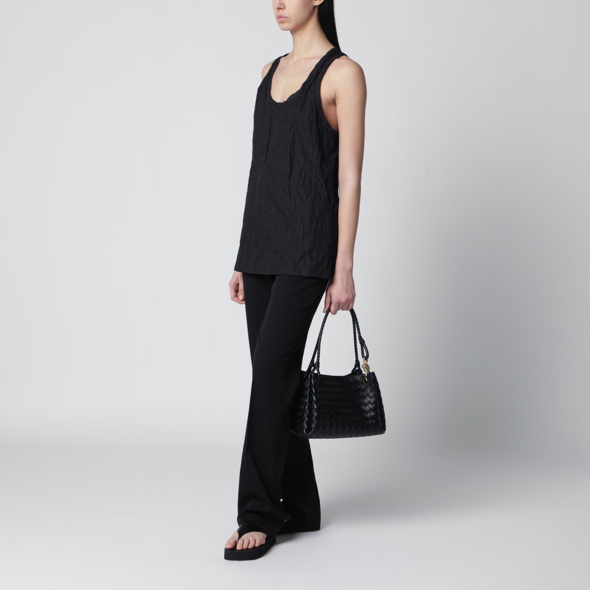 Black crinkled cotton tank top