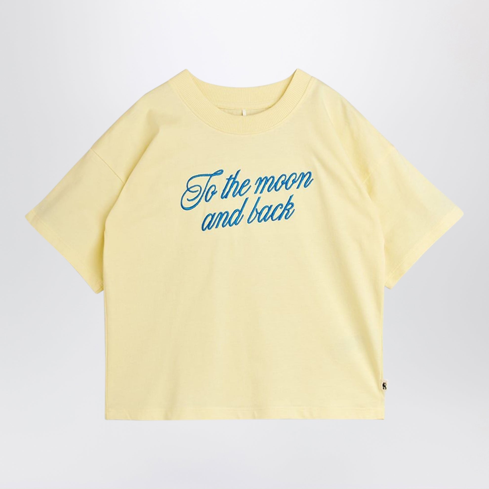 Gelbes T-Shirt mit To the Moon and Back Stickerei