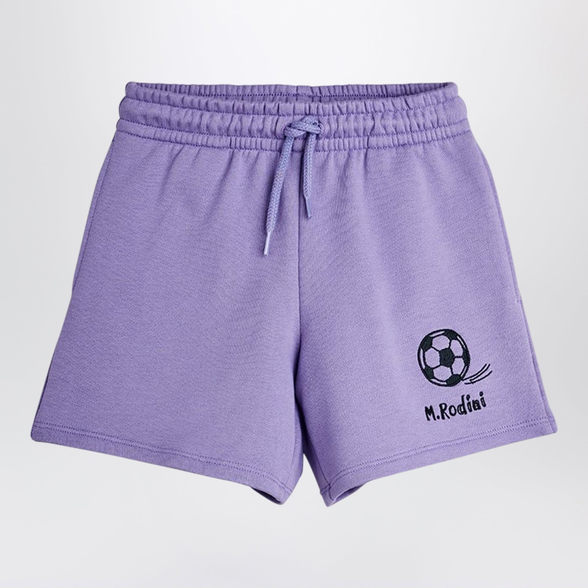 Purple shorts with soccer ball embroidery