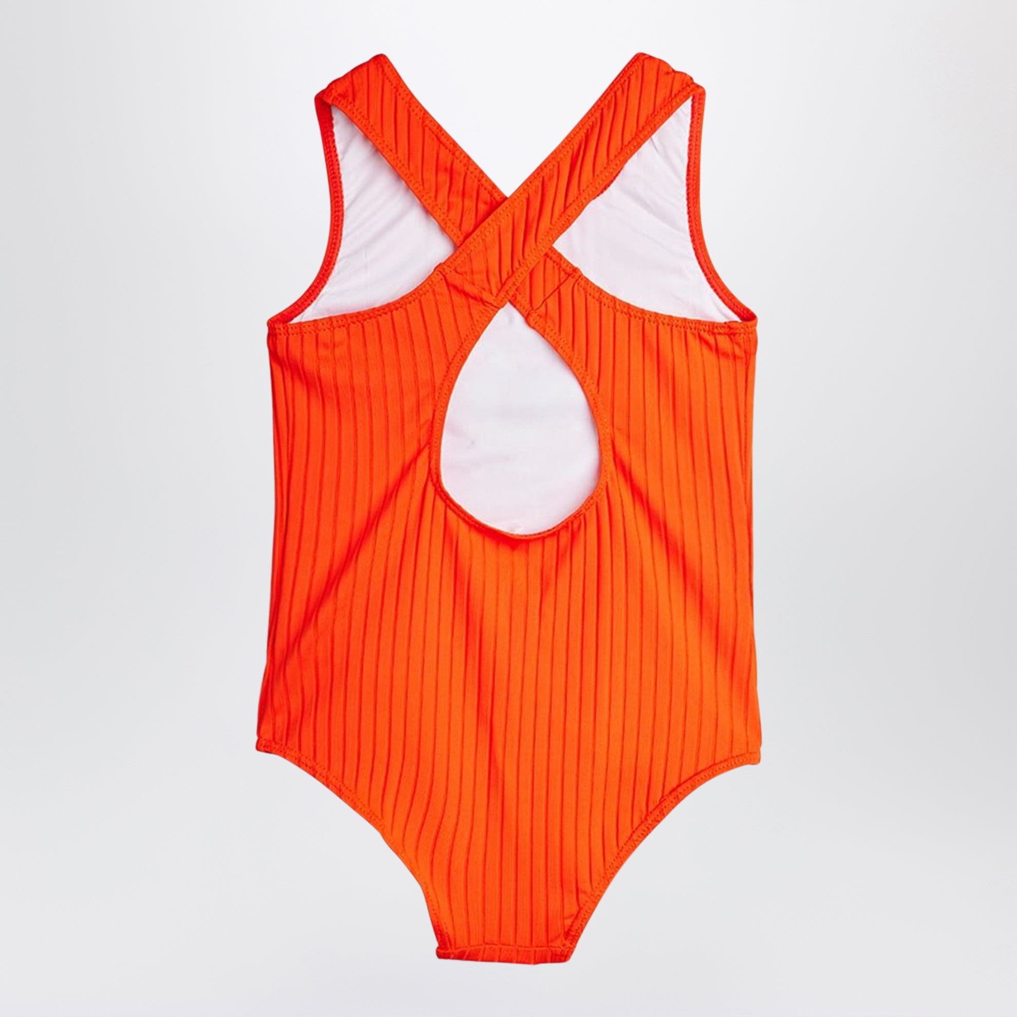 Red one-piece swimsuit with Society motif