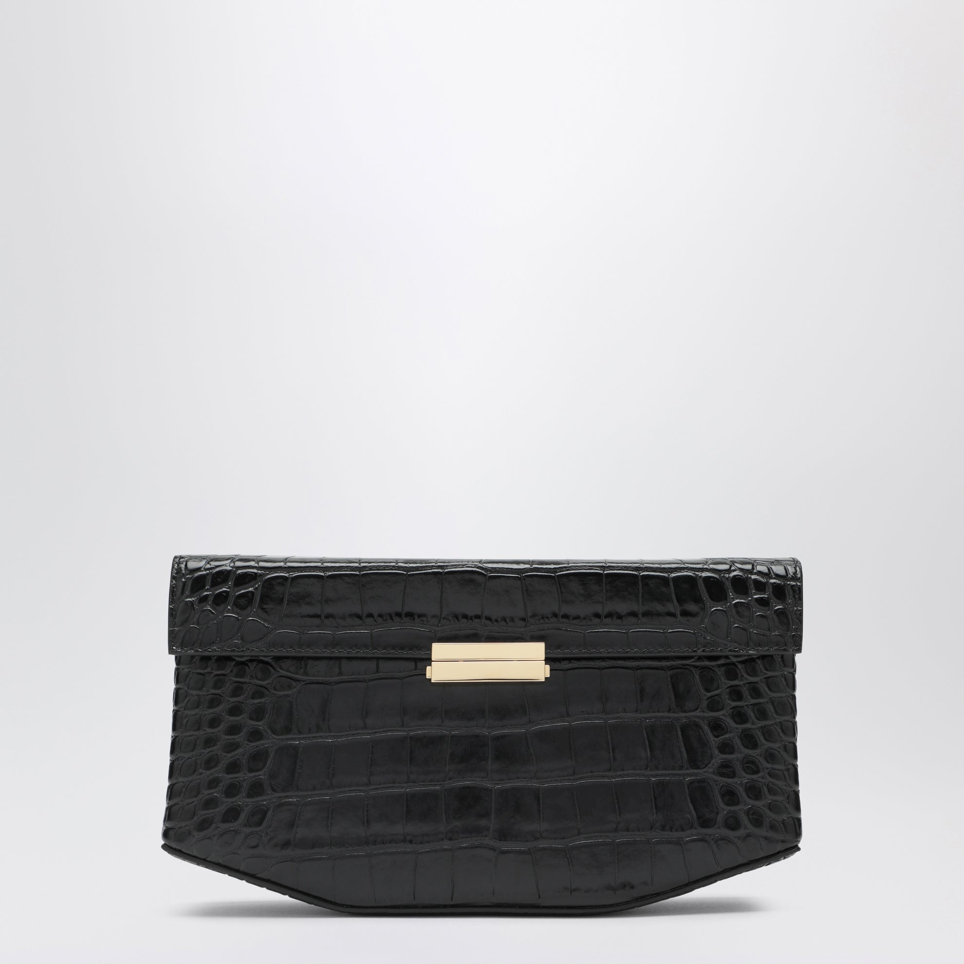 Clip croc-embossed leather shoulder bag in black
