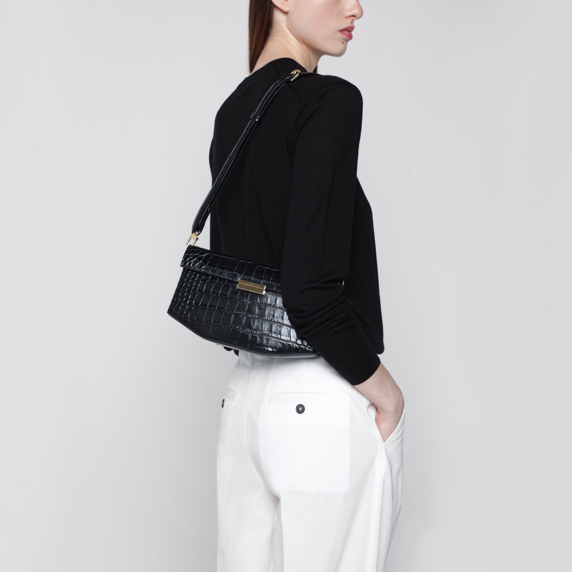 Clip croc-embossed leather shoulder bag in black