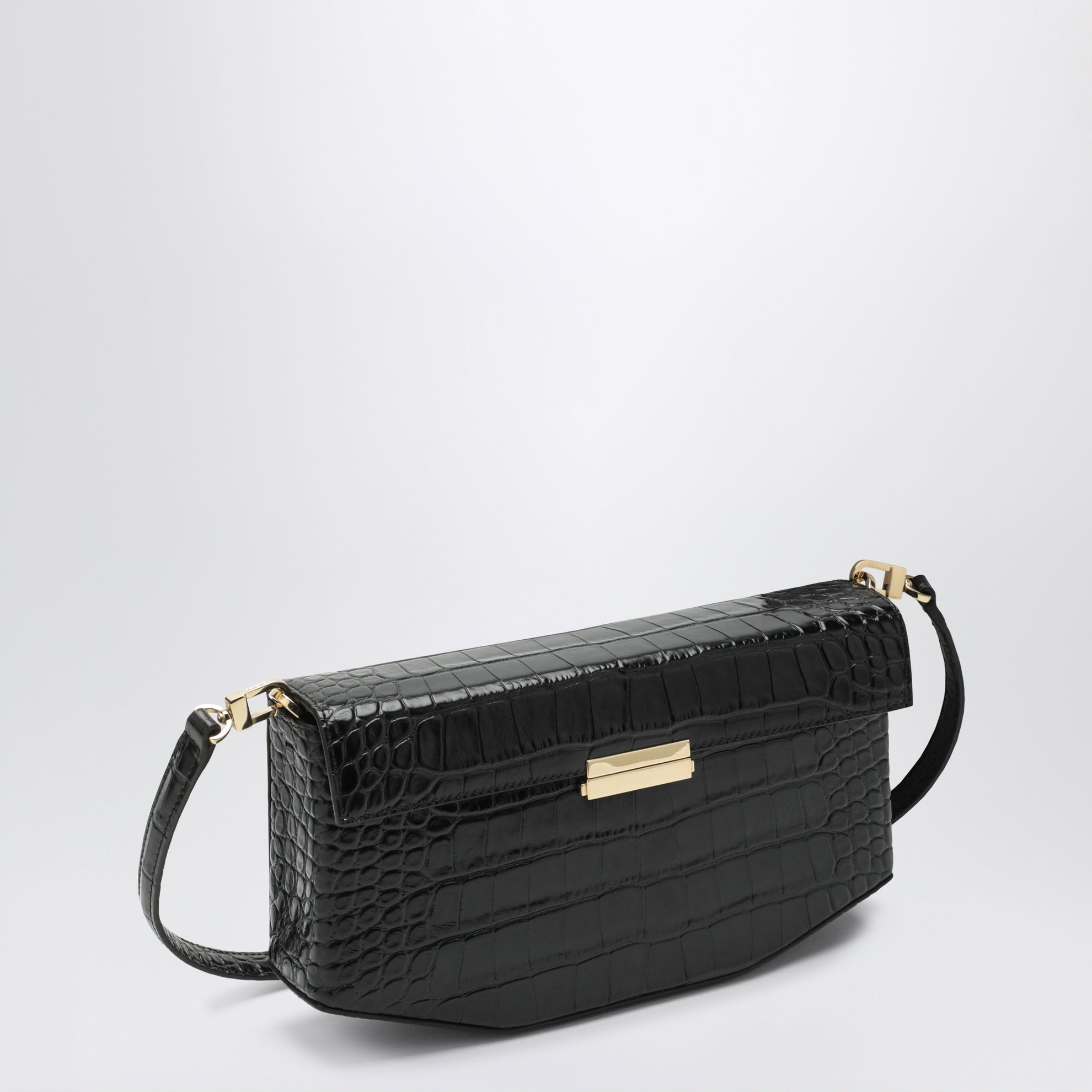 Clip croc-embossed leather shoulder bag in black