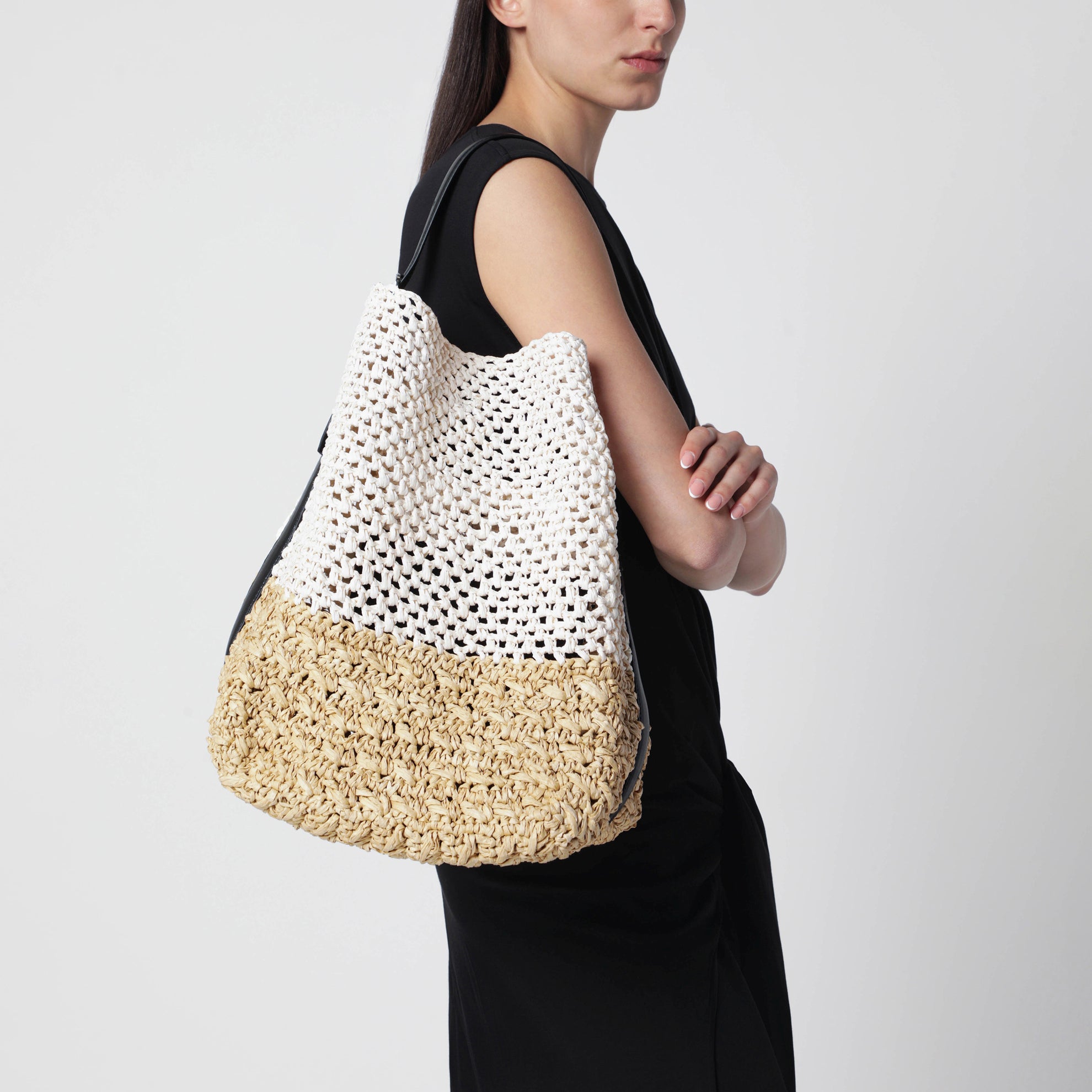 Tote bag with belt detail in écru raffia