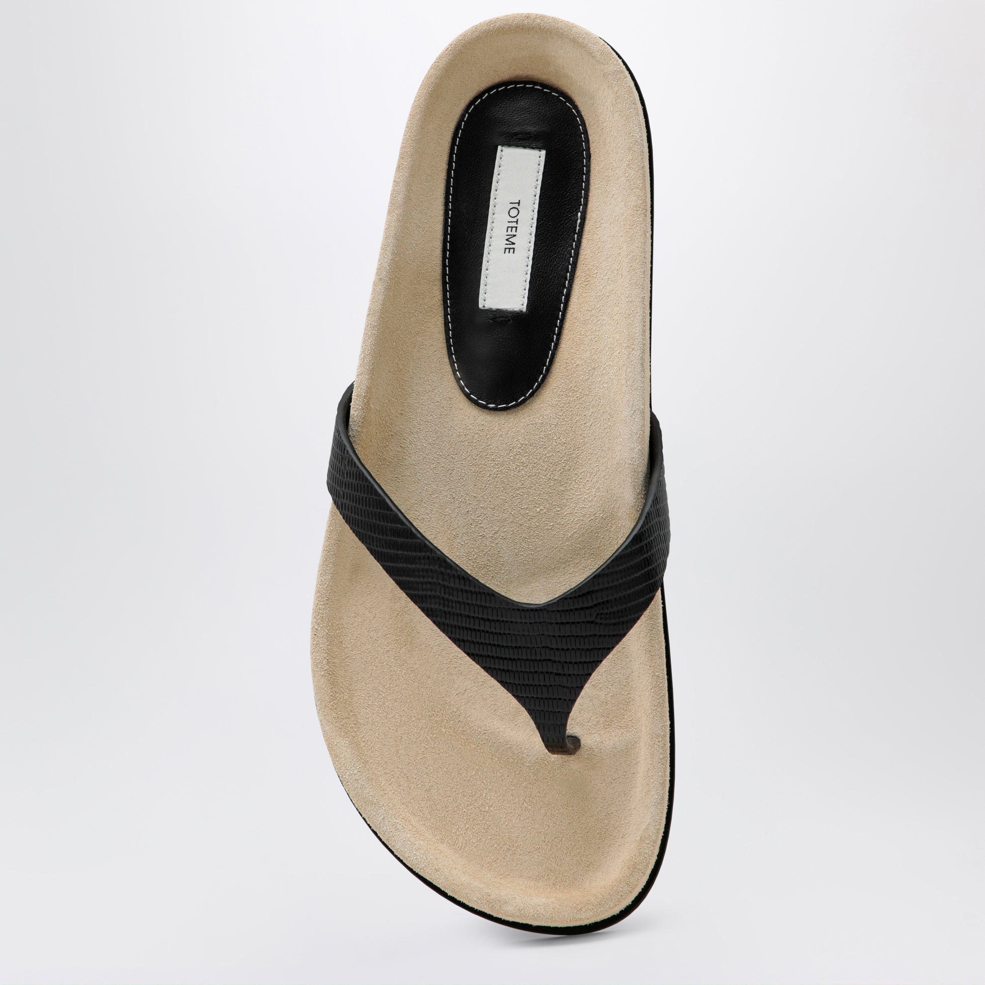 Beige/black lizard-effect leather flip-flops