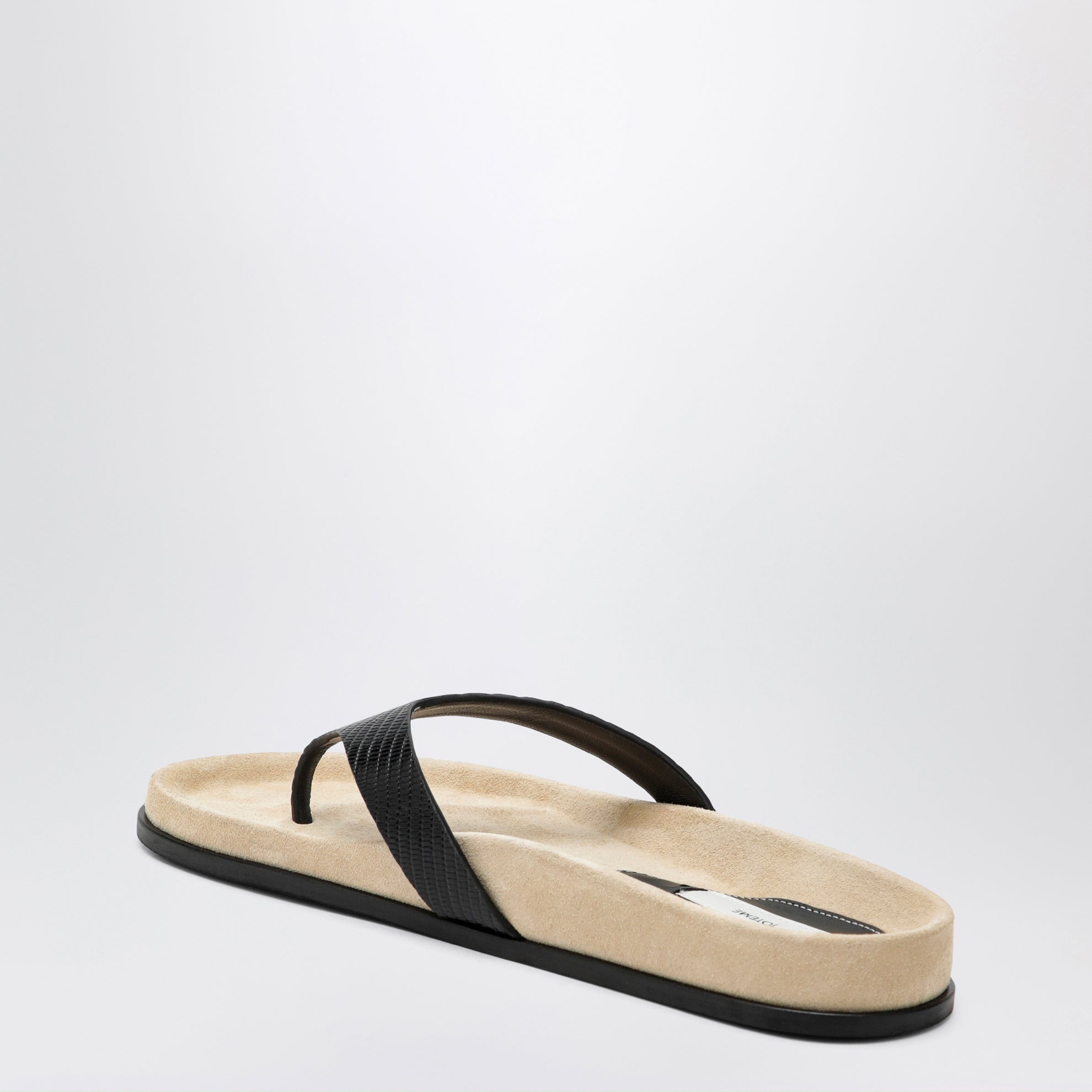 Beige/black lizard-effect leather flip-flops