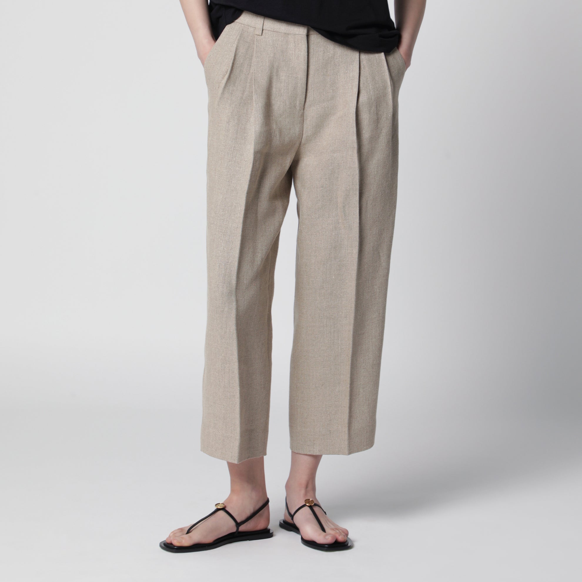 Beige high-waisted linen shorts