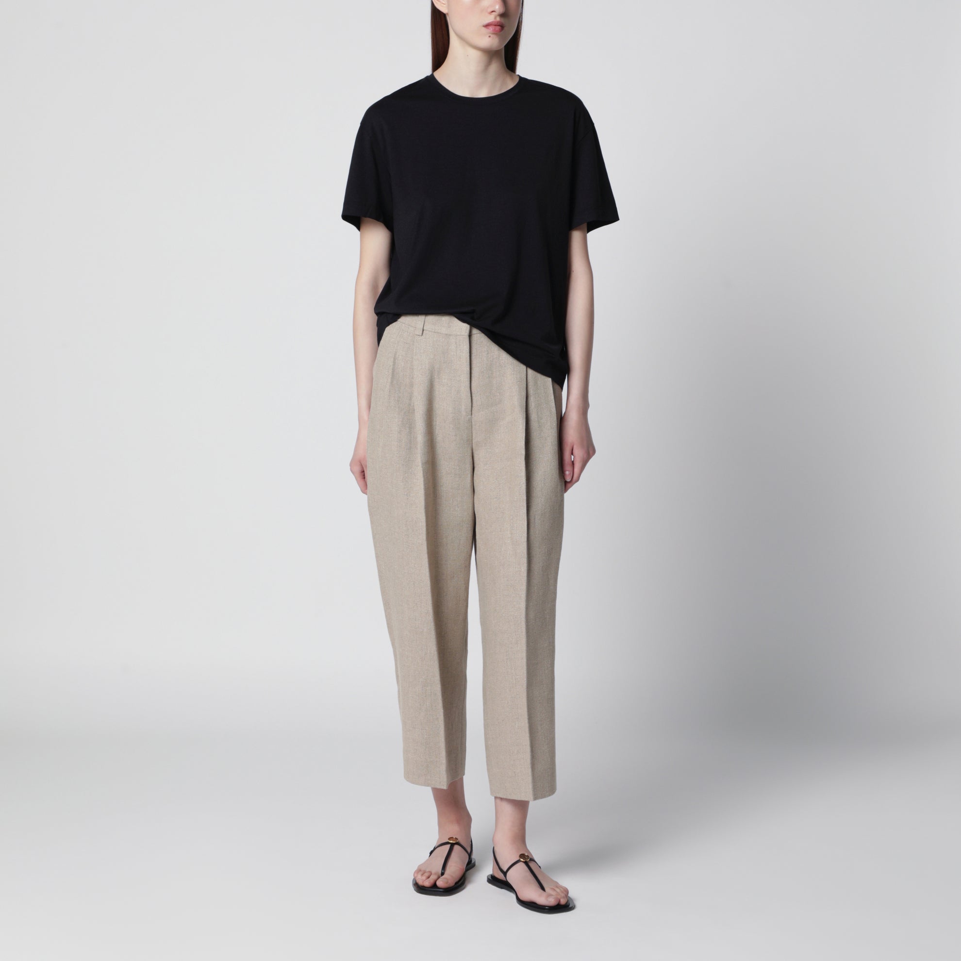 Beige high-waisted linen shorts