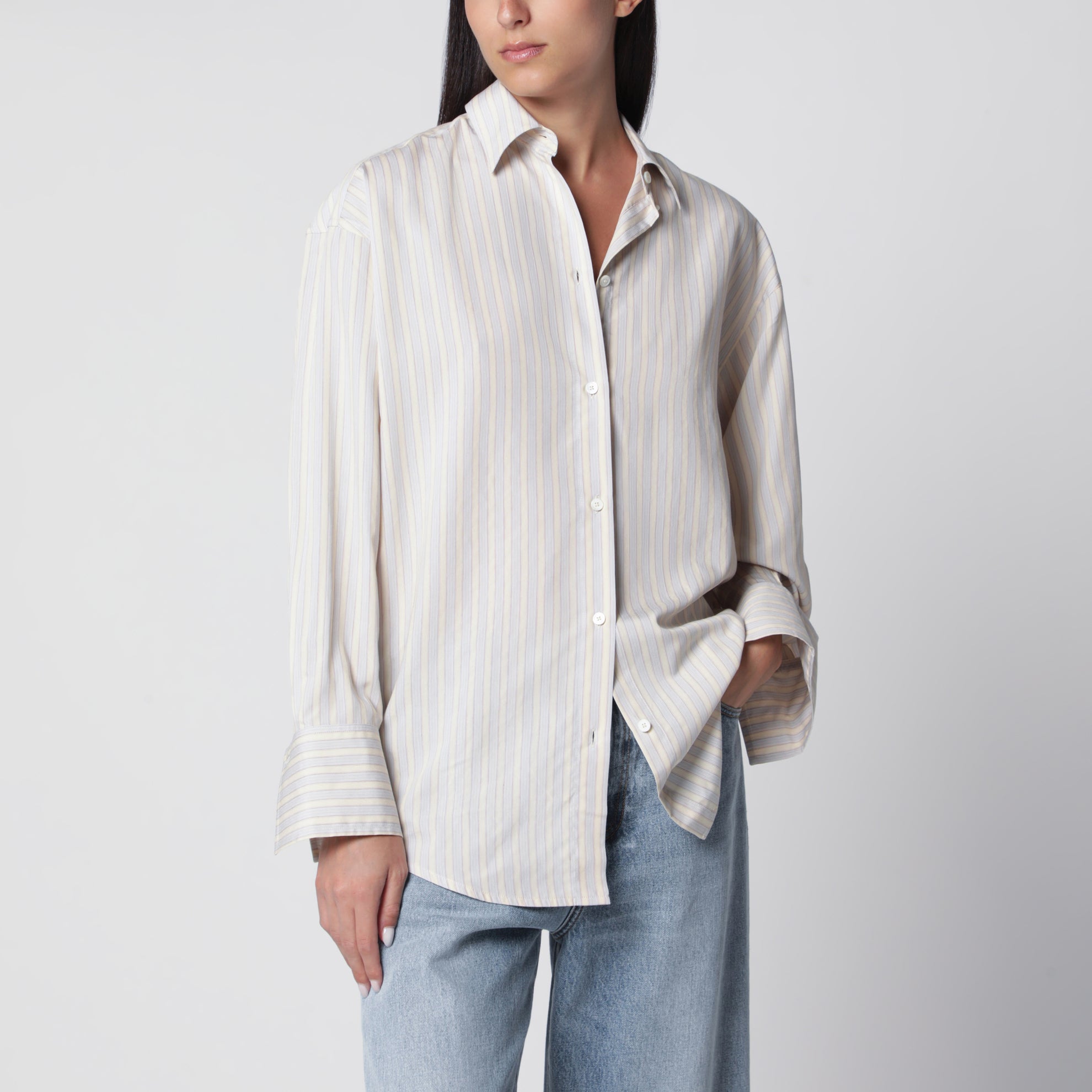 Camicia a righe oversize giallo/cielo in viscosa e seta
