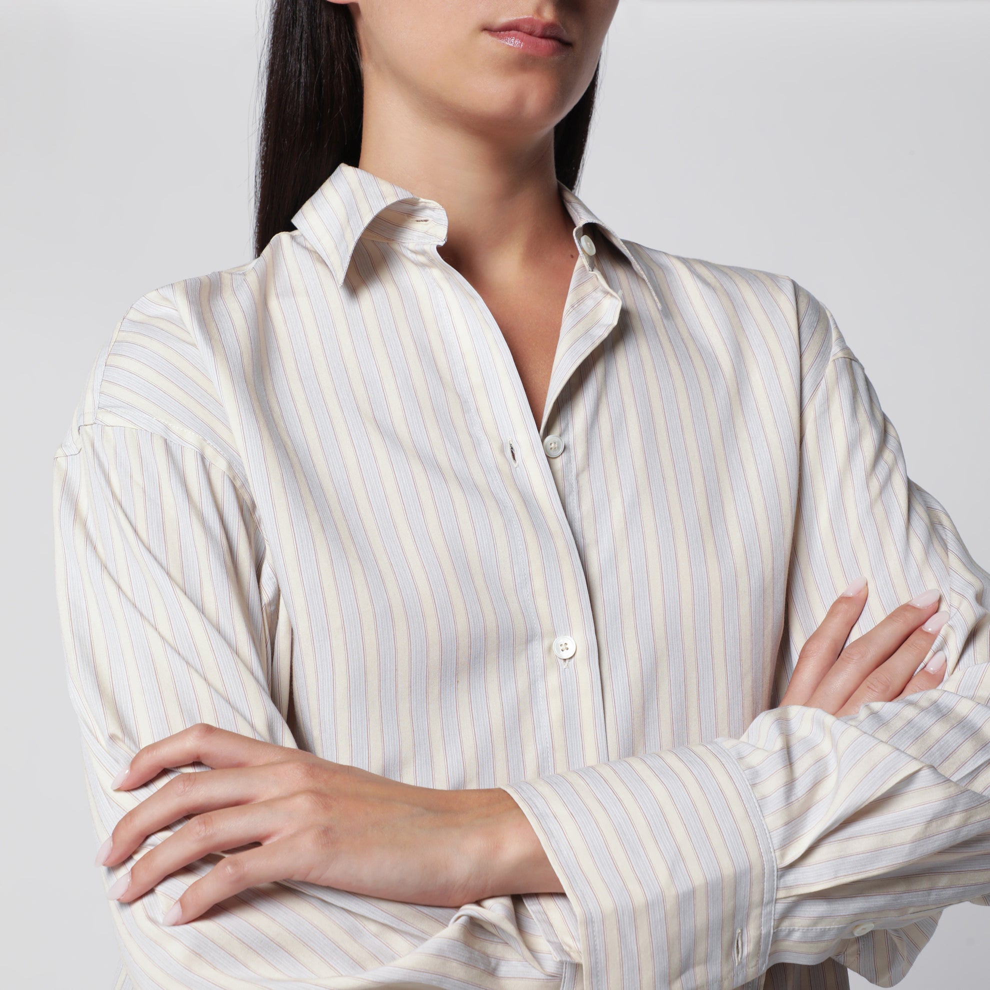 Camicia a righe oversize giallo/cielo in viscosa e seta