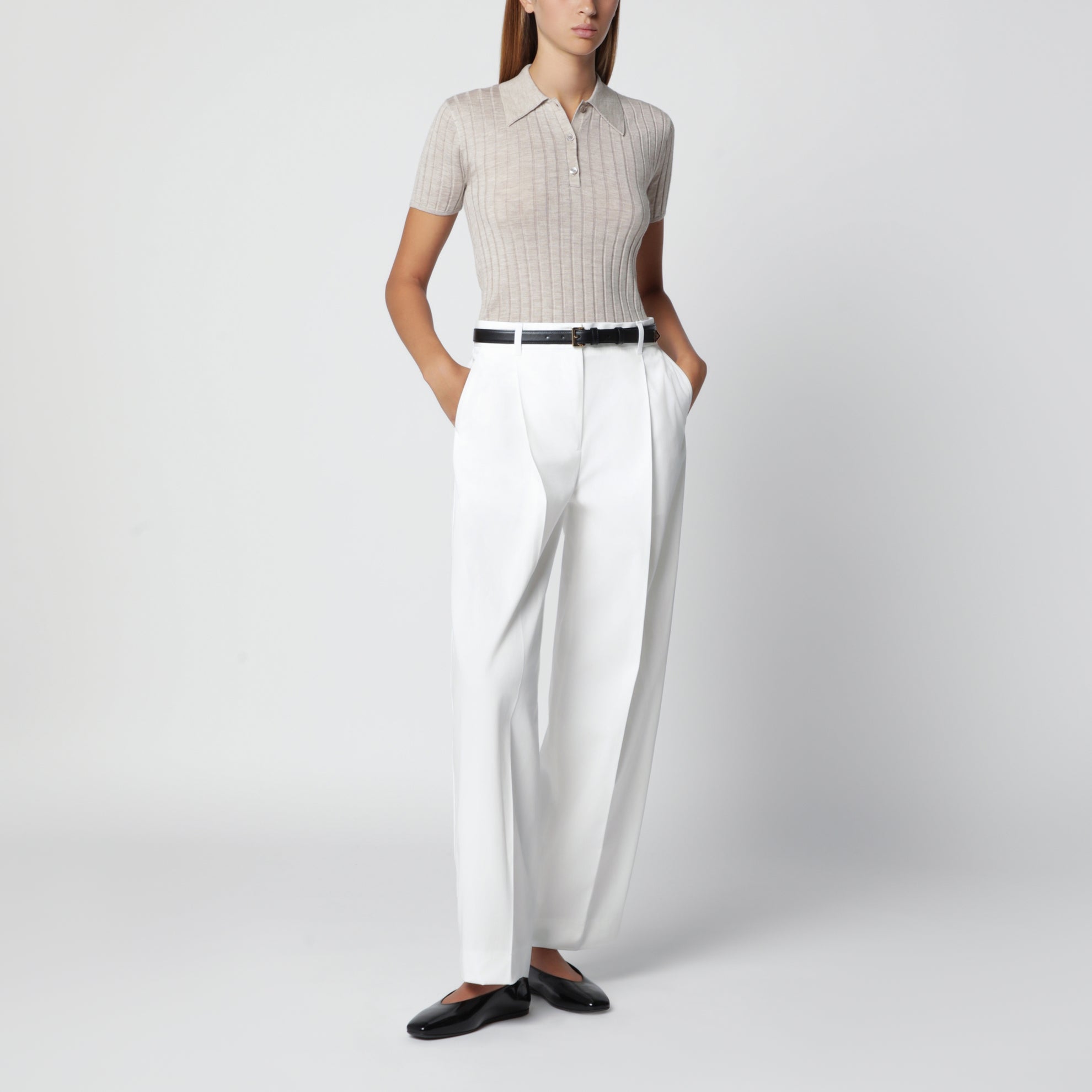Polo a coste in cashmere e seta greige