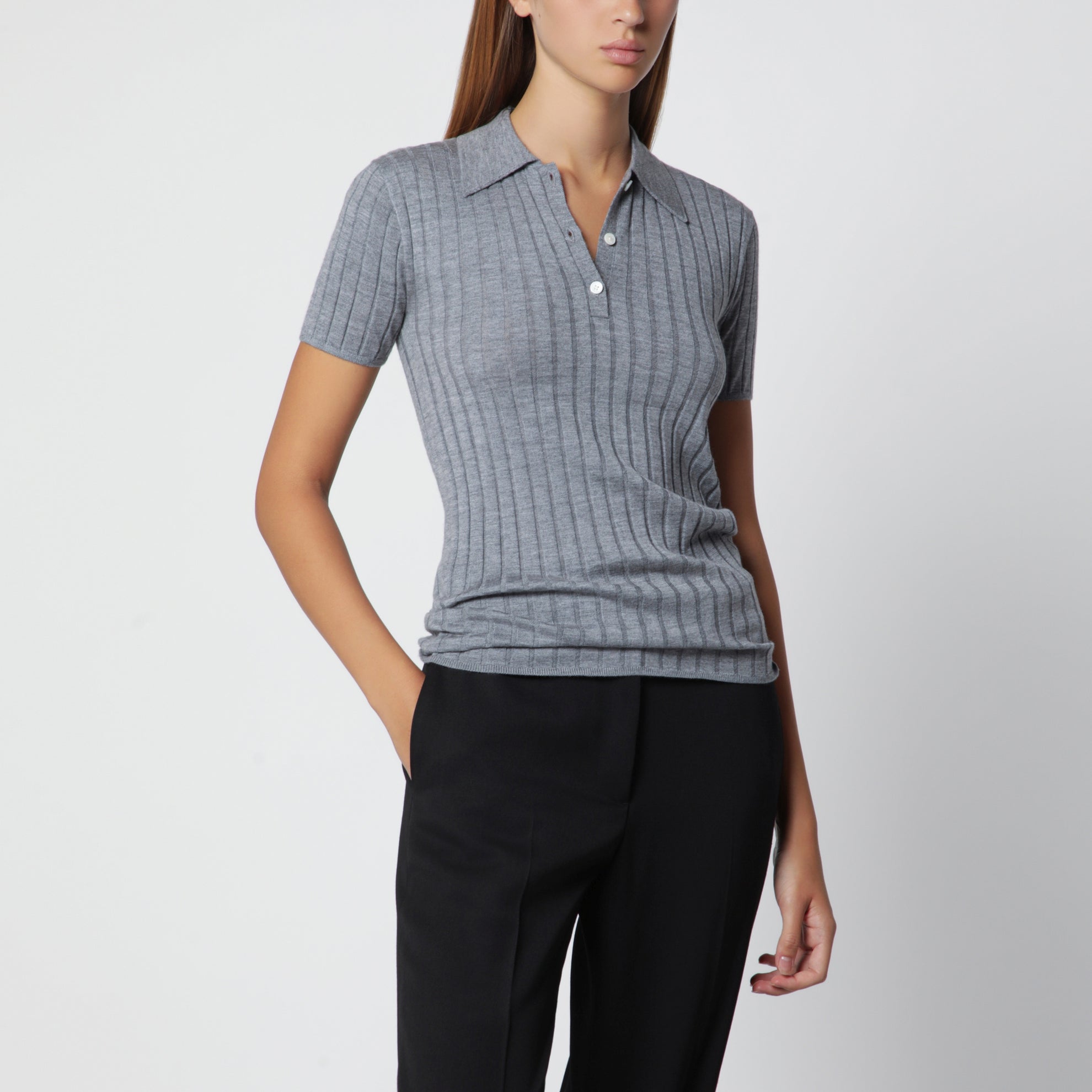 Polo a coste in cashmere e seta grigio mélange