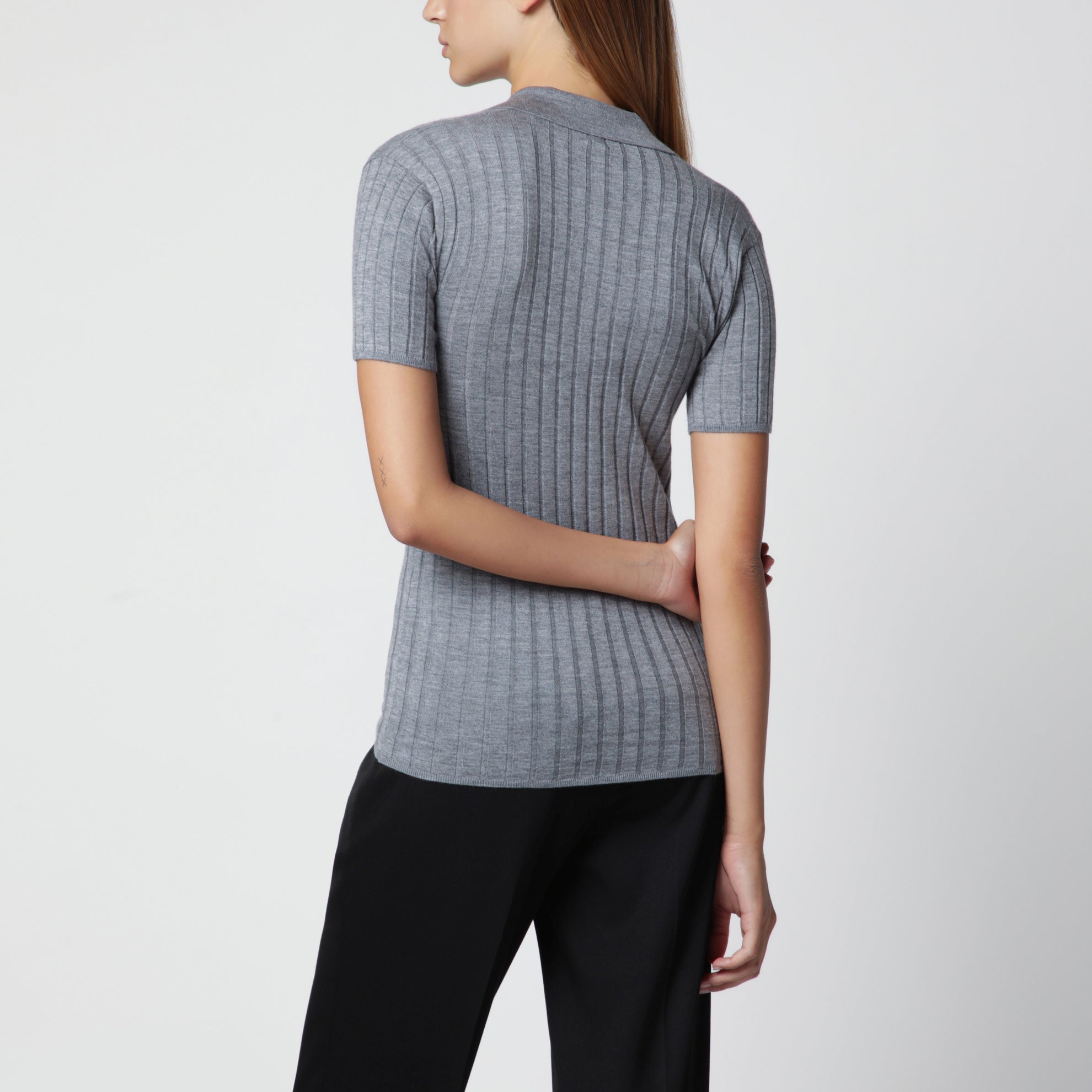 Polo a coste in cashmere e seta grigio mélange