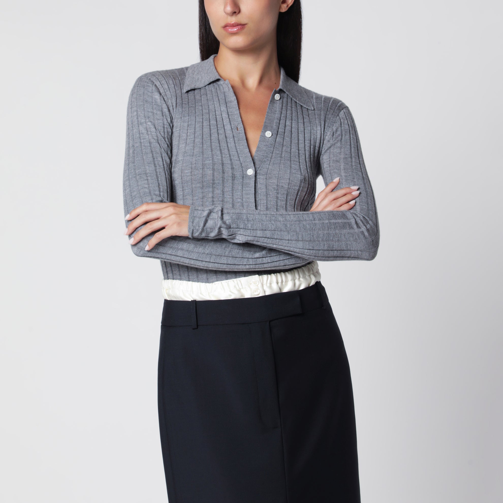 Camicia a coste slim in cashmere e seta grigio mélange