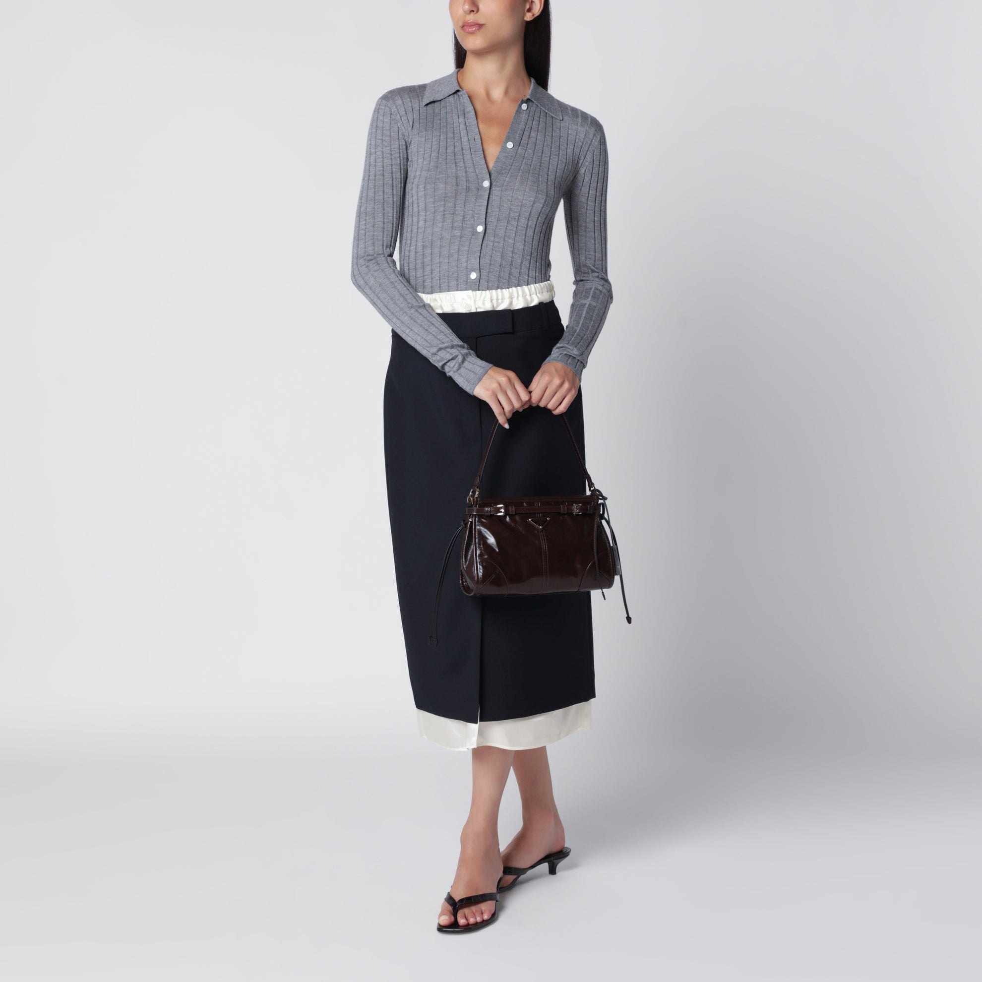 Camicia a coste slim in cashmere e seta grigio mélange
