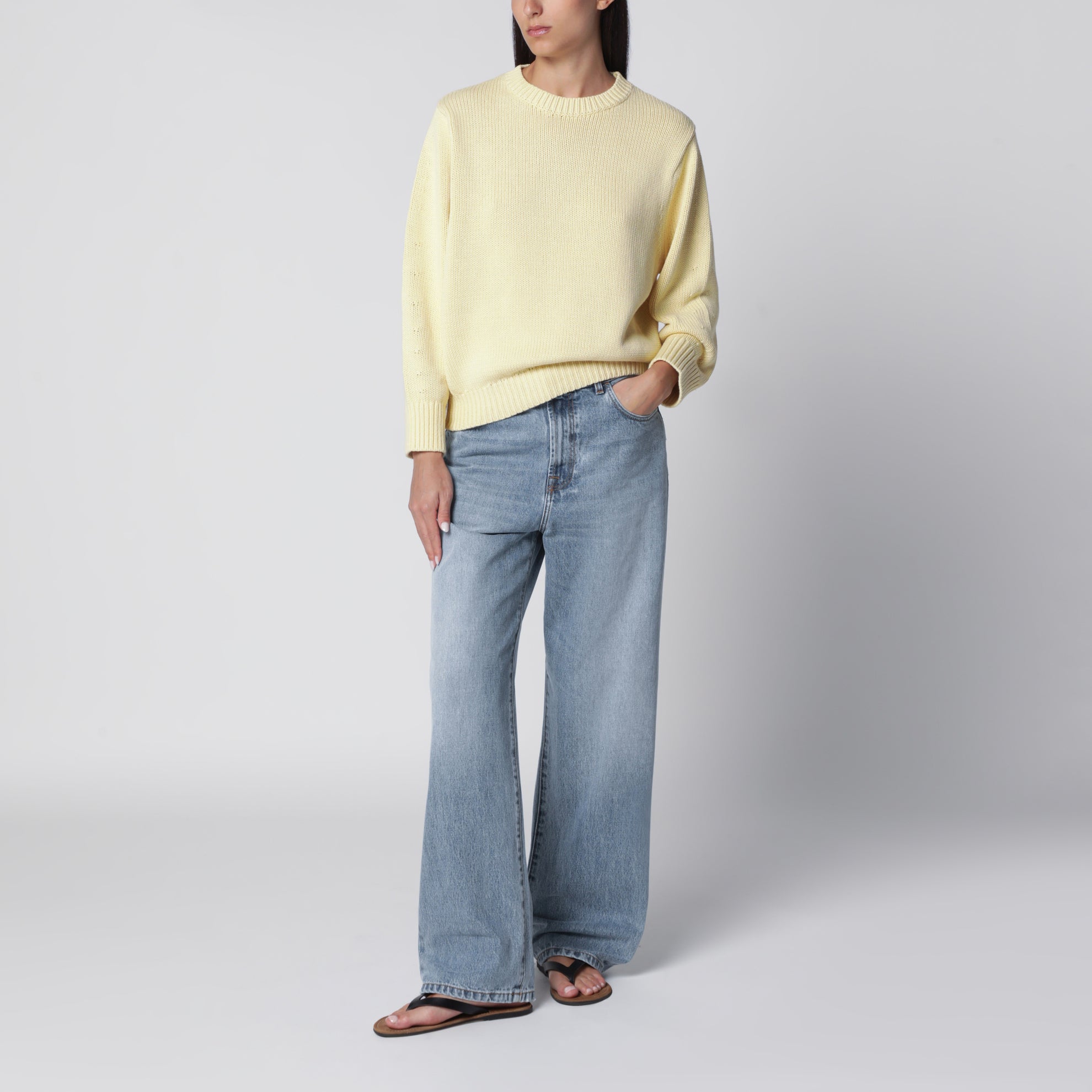 Oversize-Pullover mit Rundhalsausschnitt aus cremefarbener Baumwolle