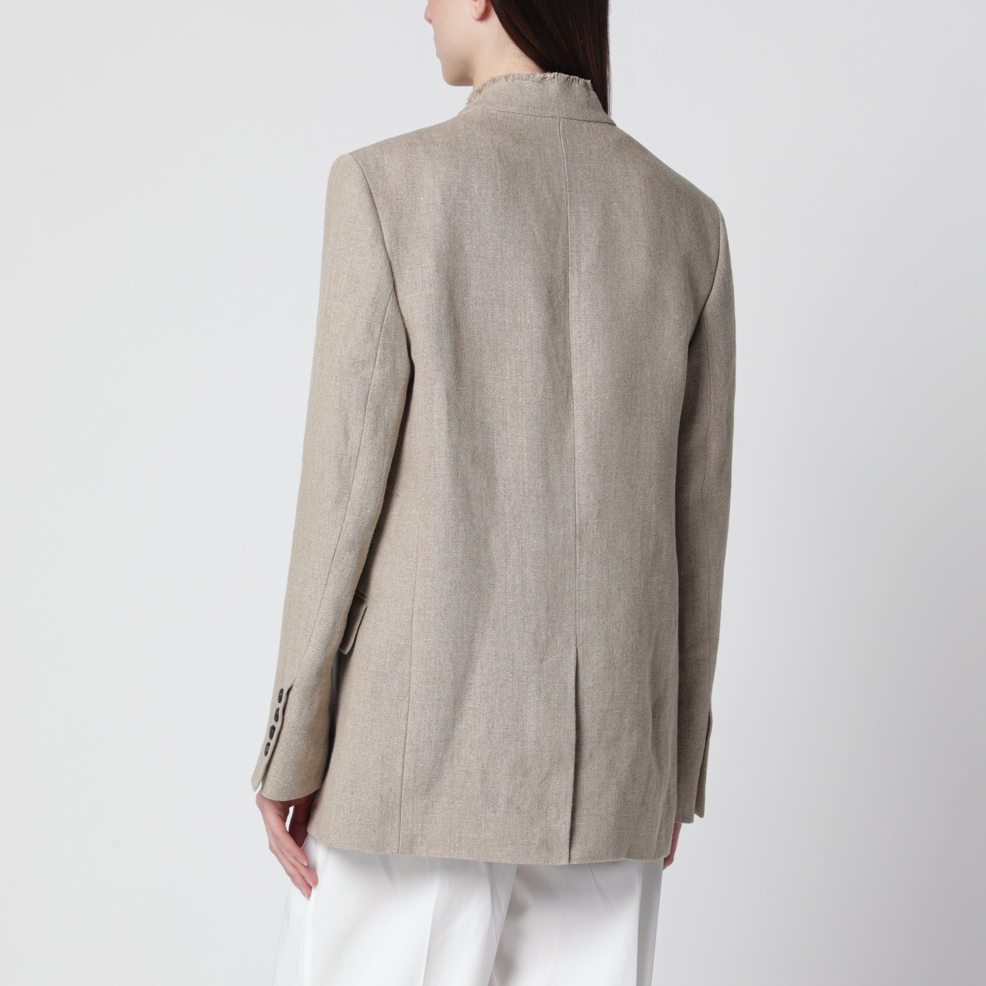 Leinenblazer mit offenen Fransenrevers in Beige