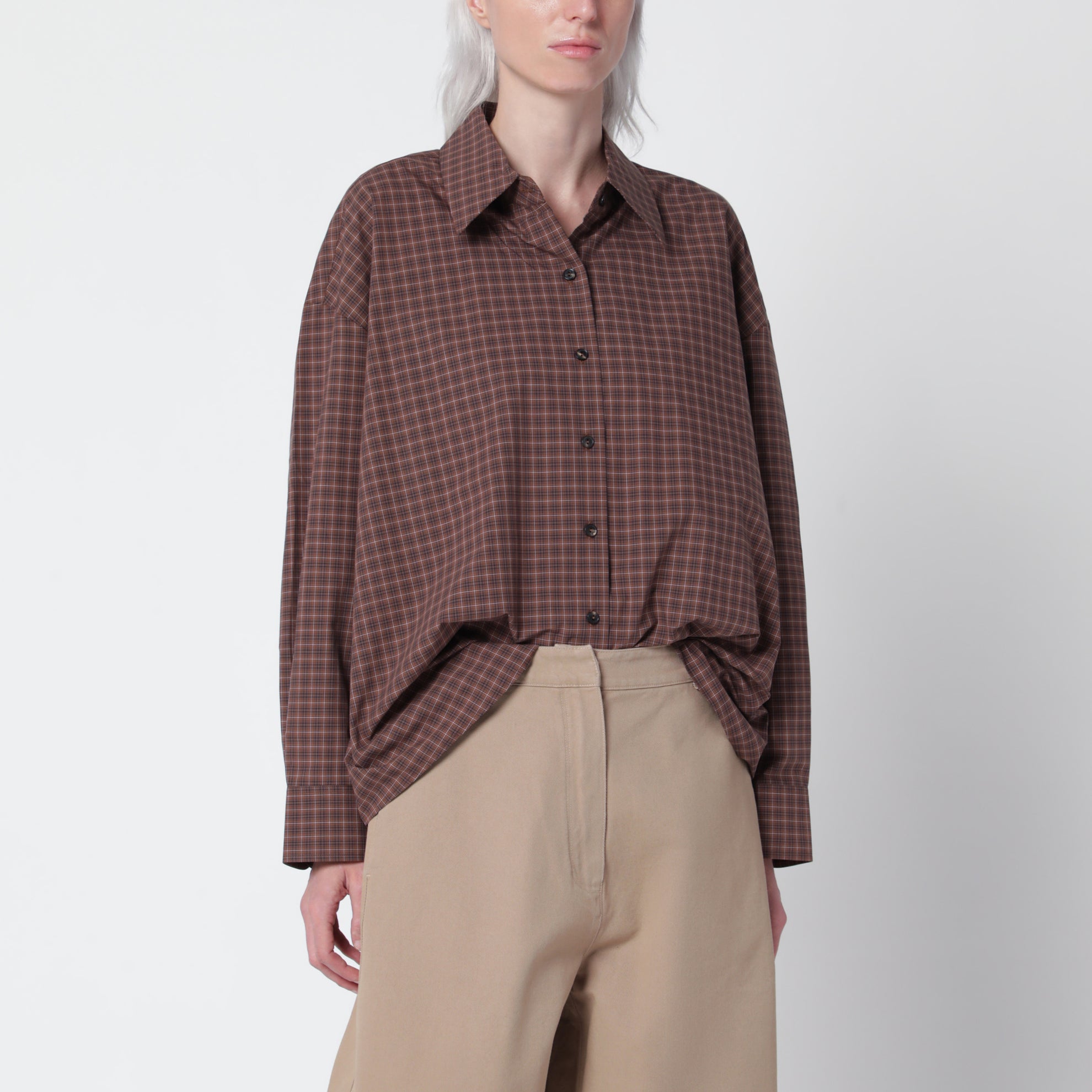 Camicia oversize a quadretti marrone/blu navy