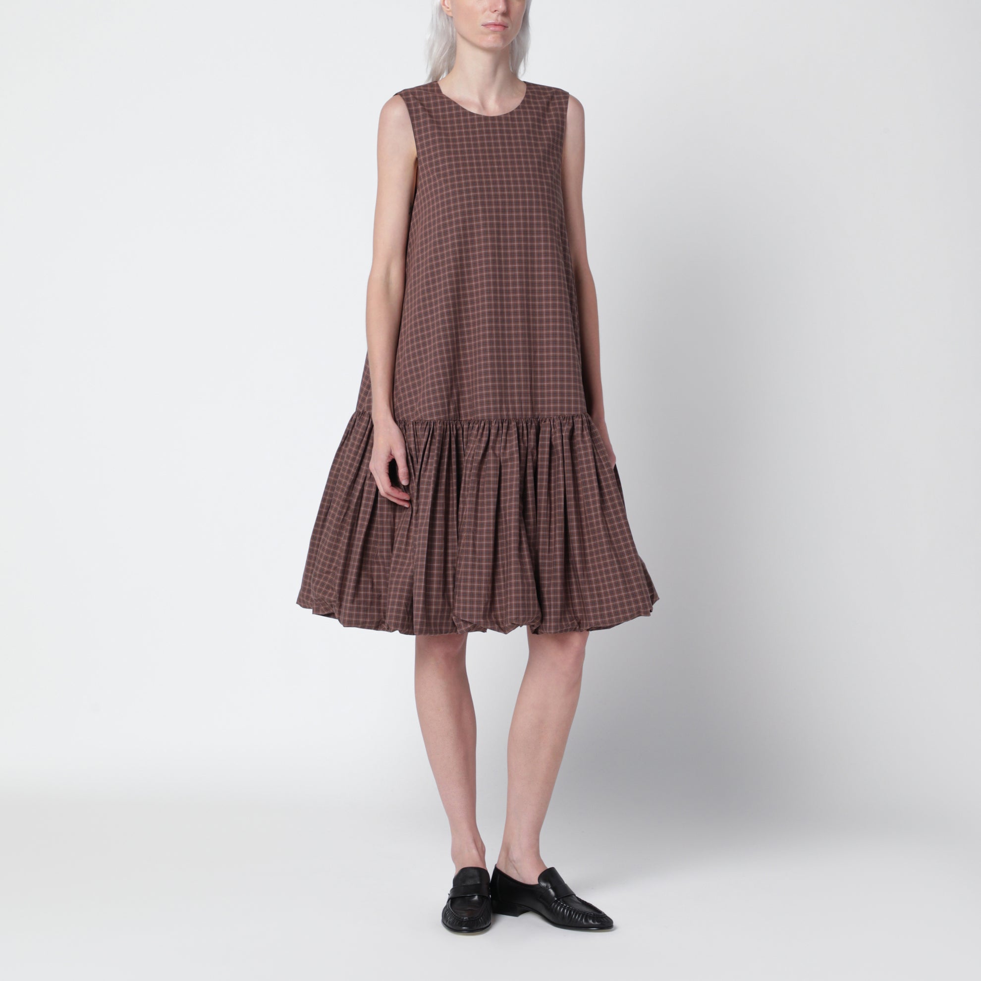 Brown/navy blue checked balloon dress