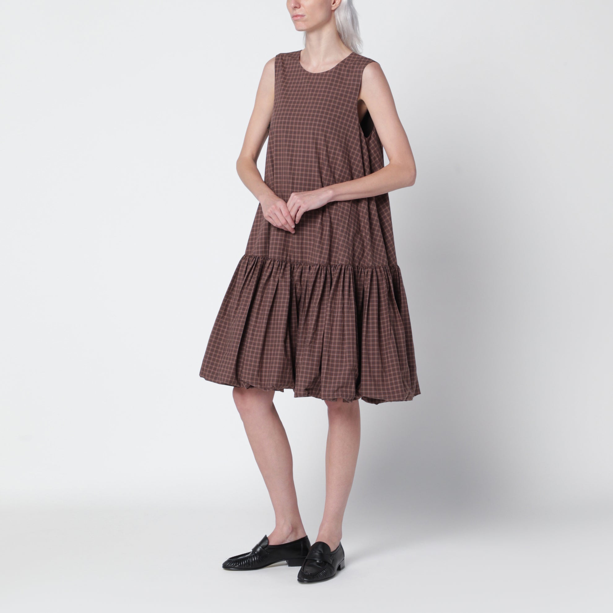 Brown/navy blue checked balloon dress