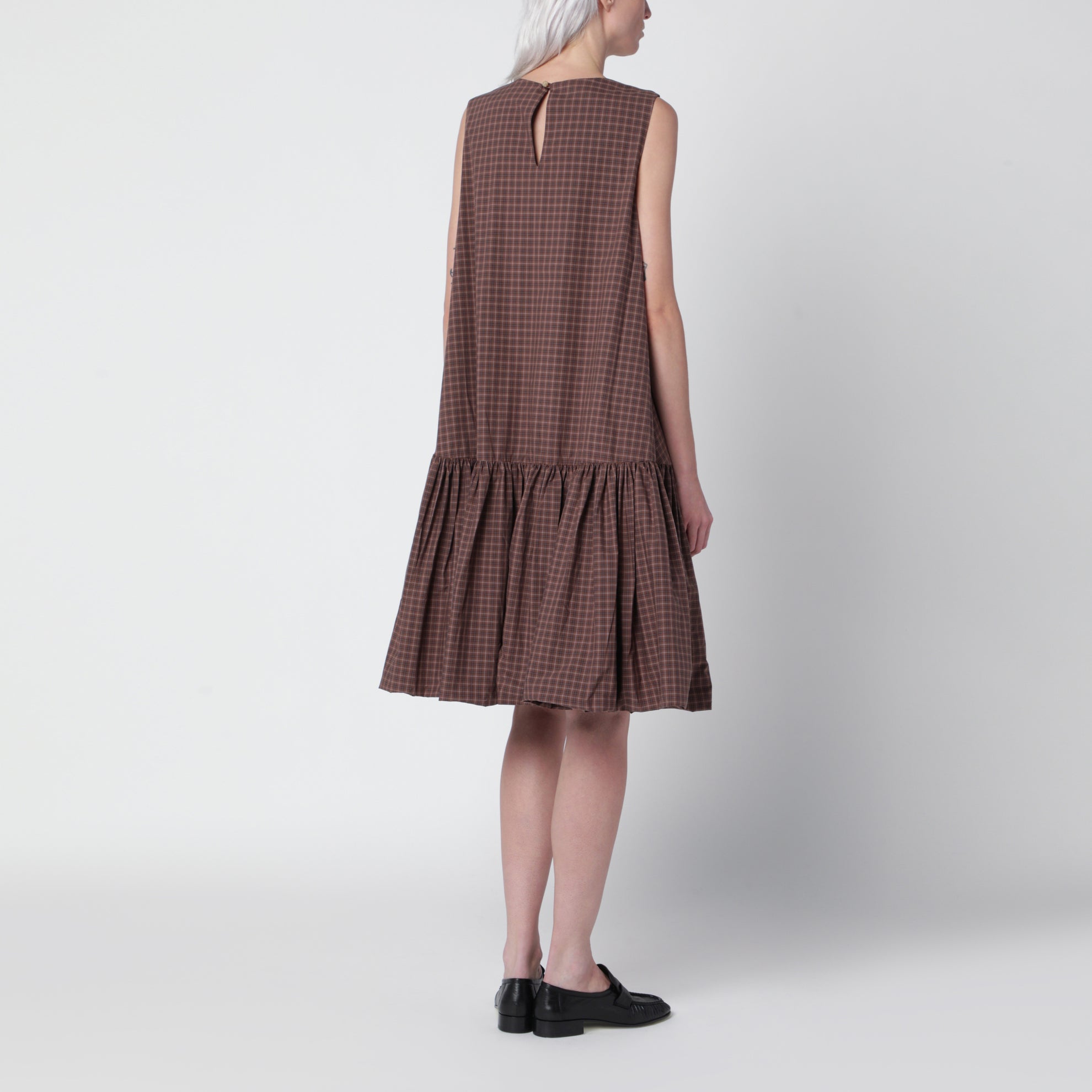 Brown/navy blue checked balloon dress