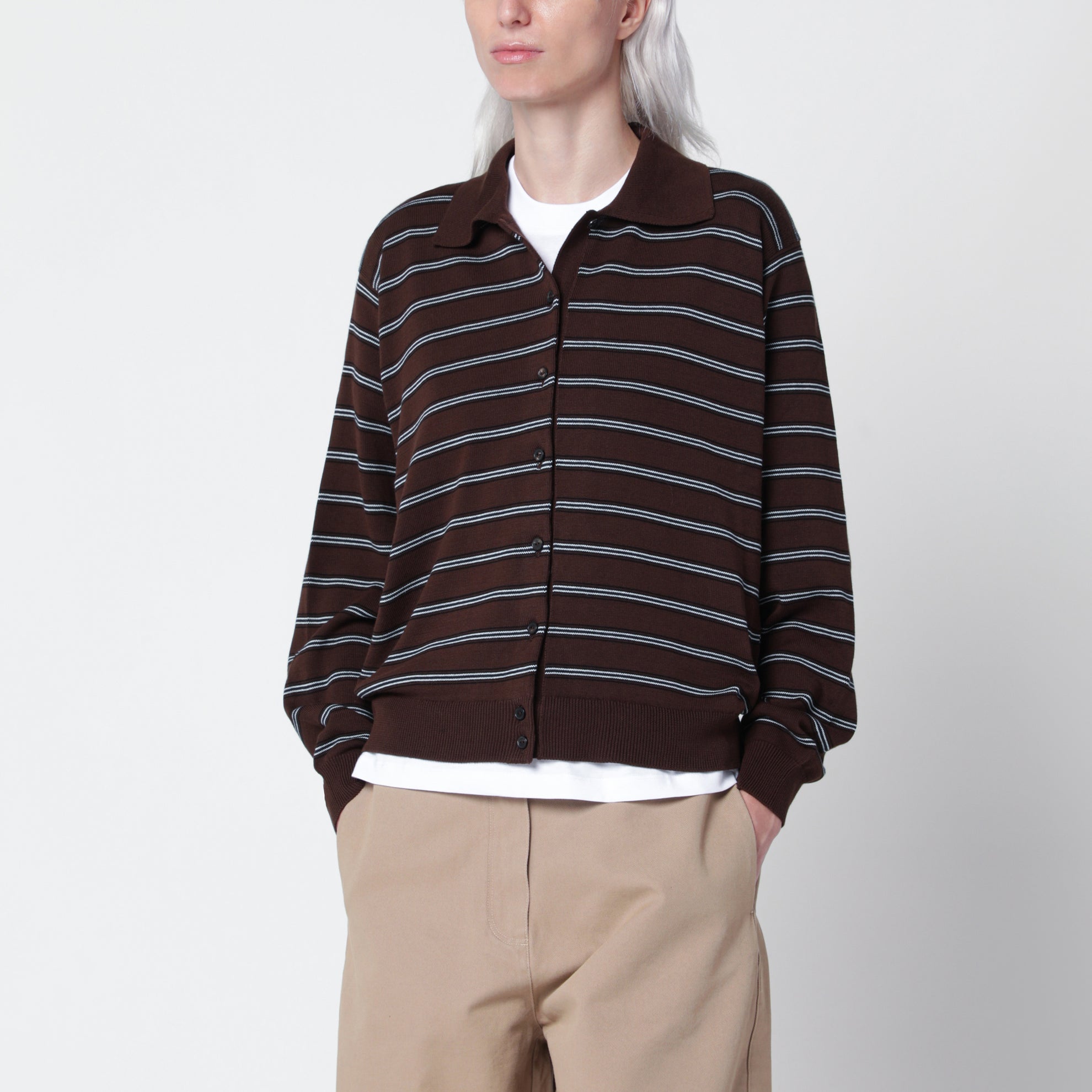 Gestreifter Polo-Cardigan in Braun aus Baumwolle