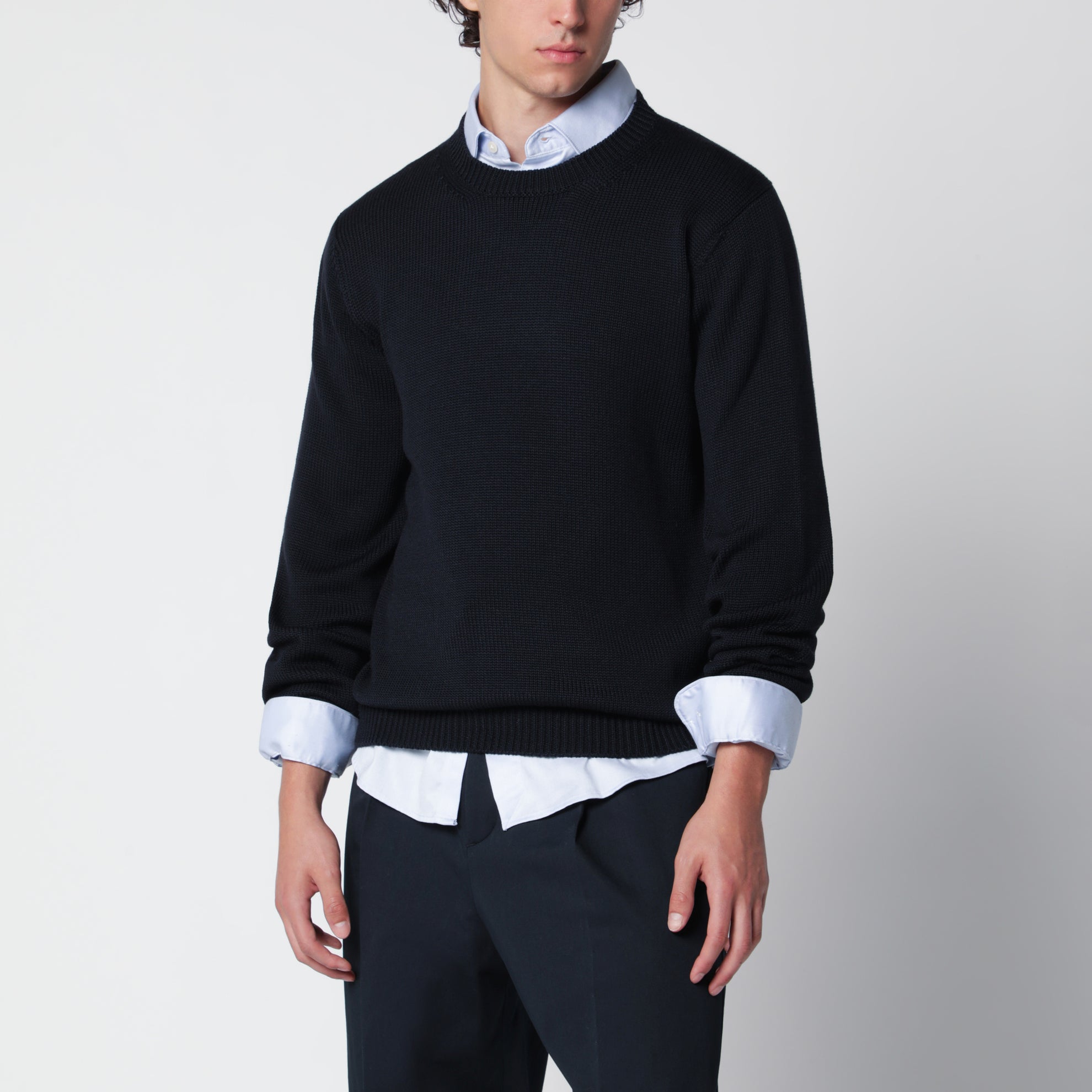 Maglione girocollo blu navy in lana