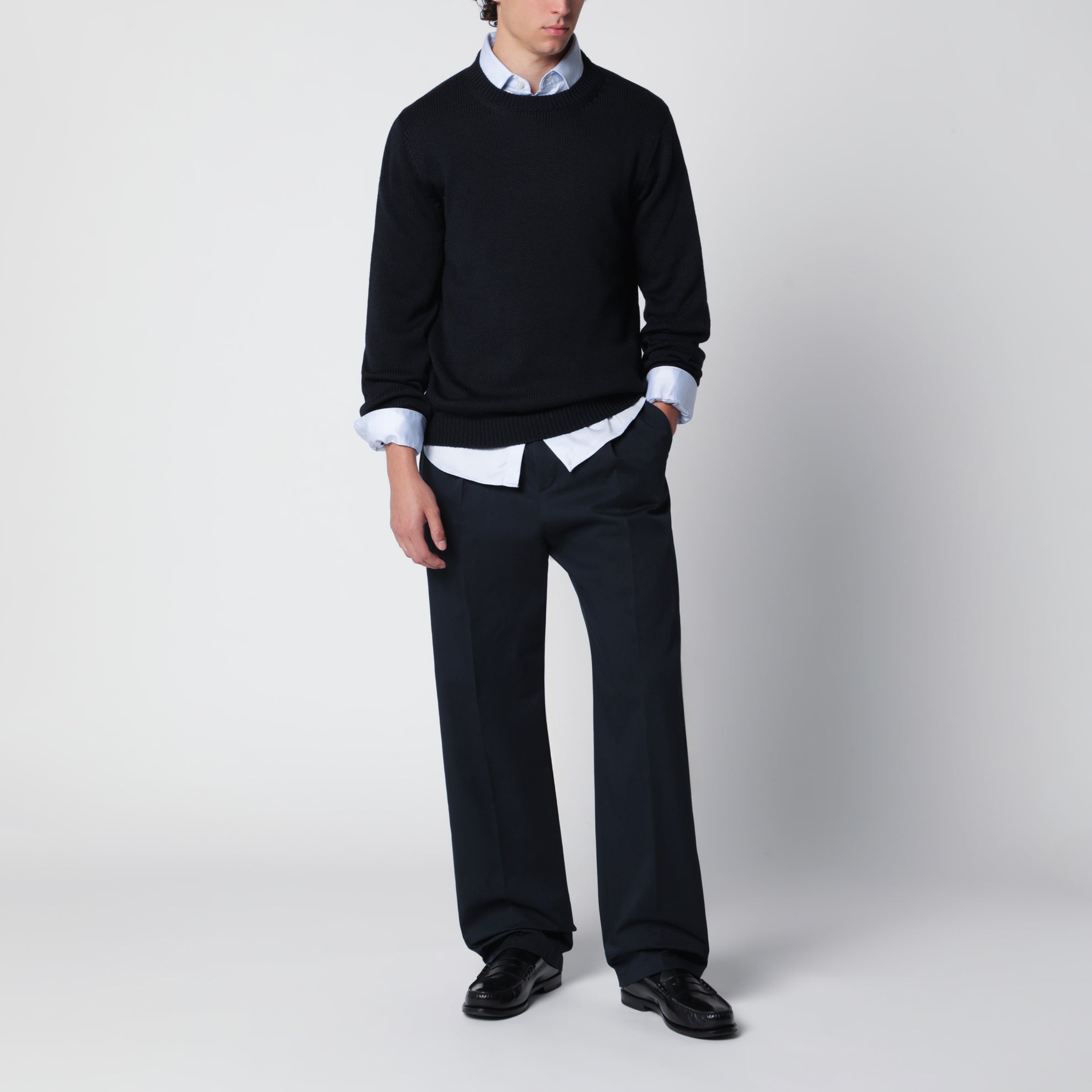 Maglione girocollo blu navy in lana