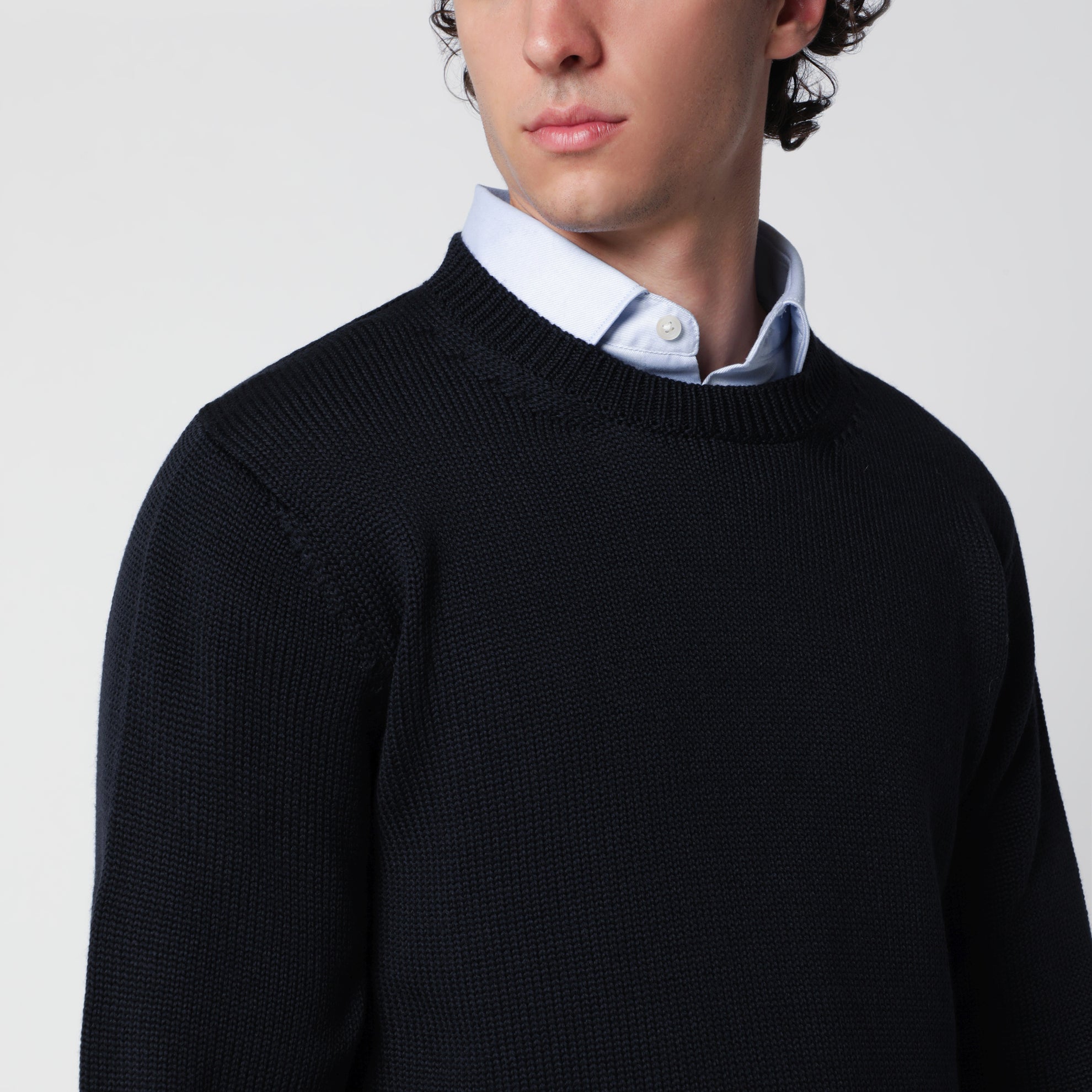 Maglione girocollo blu navy in lana