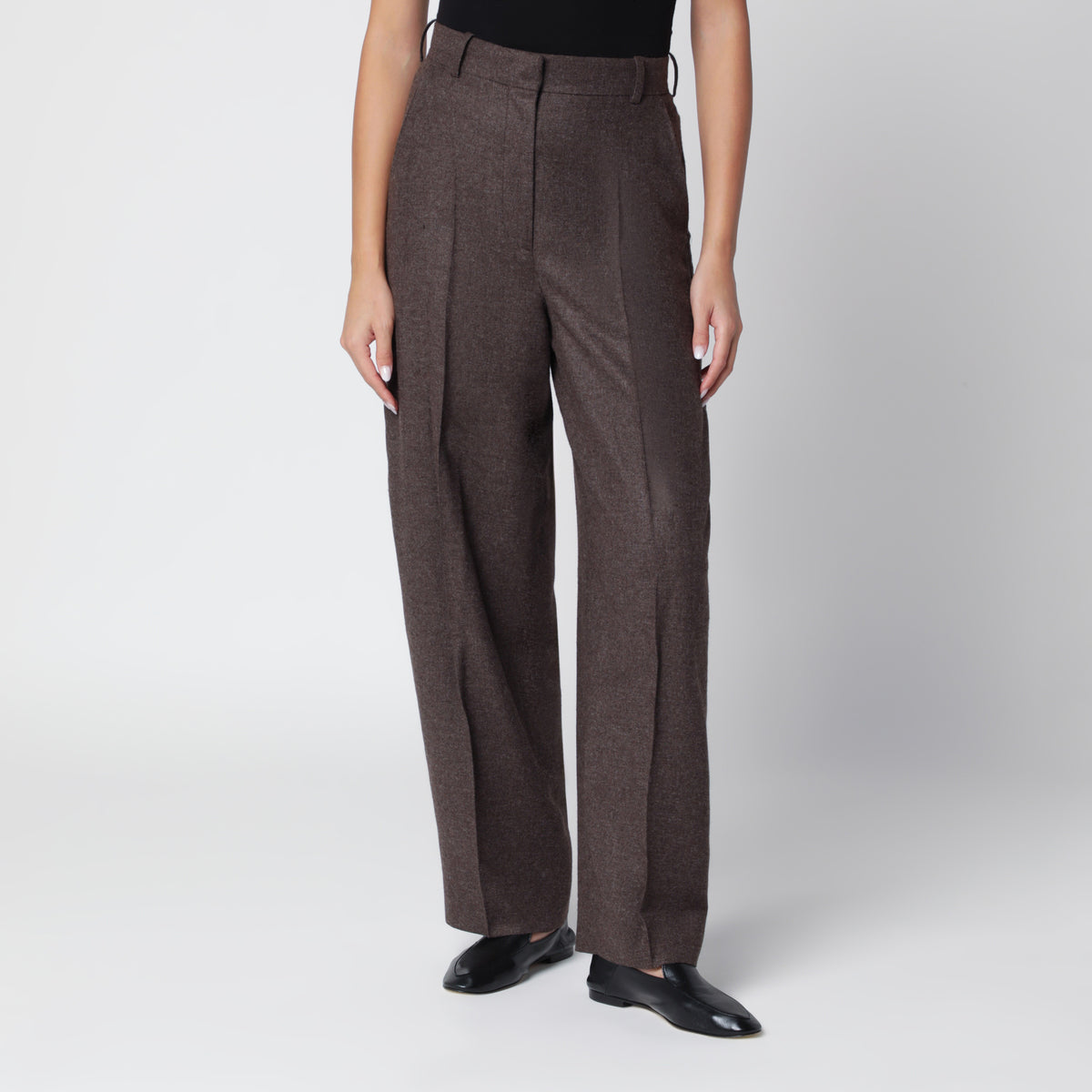 Taupe high-waisted flannel trousers