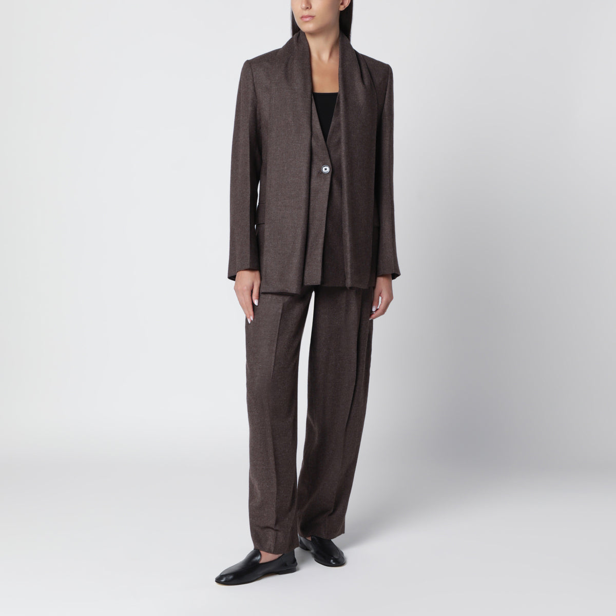 Taupe high-waisted flannel trousers