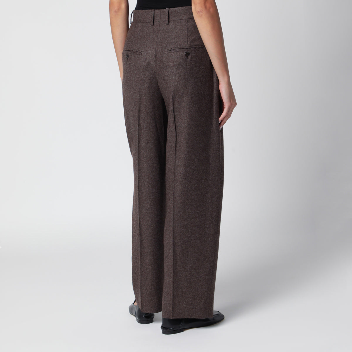 Taupe high-waisted flannel trousers