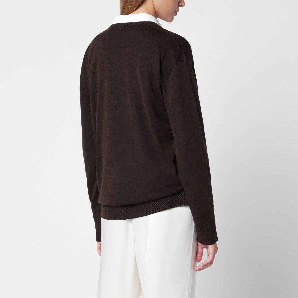 Brown V-neck sweater in lyocell and cashmere